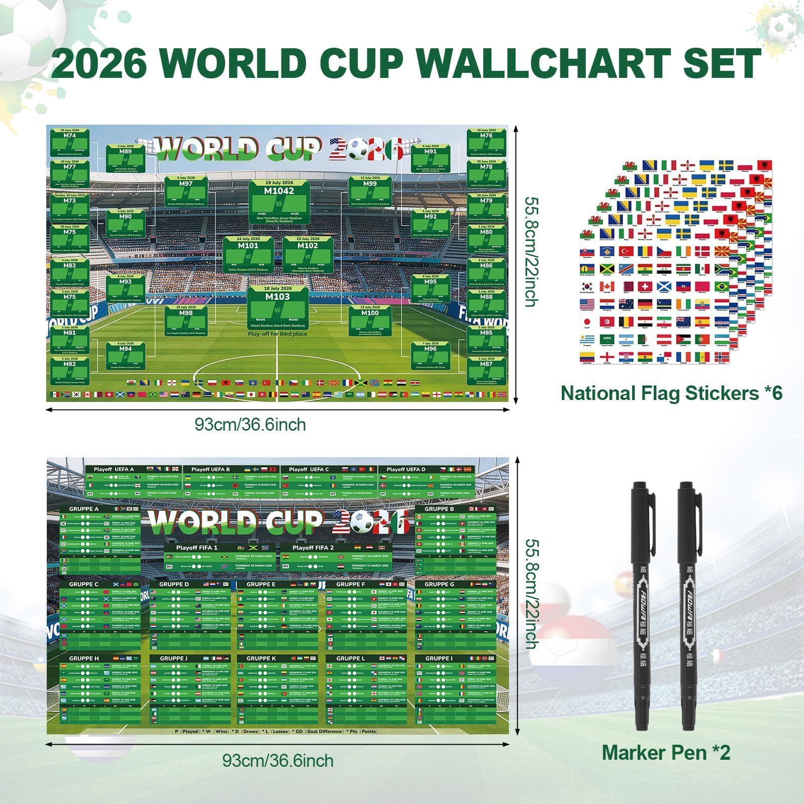 Aitsite Planificación del Mundial de Fútbol 2026 - Póster para decoración del Mundial 2026, planificador de fútbol con pegatinas de banderas y bolígrafo – Todos los partidos, fechas y sedes (Papel - 2