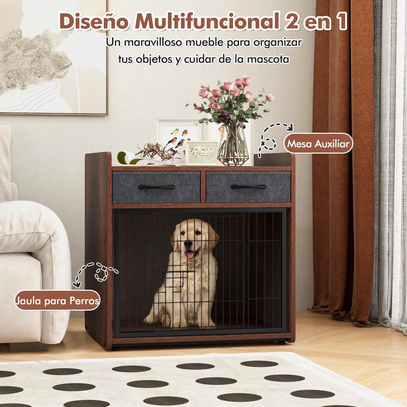 GOPLUS Mueble para Perros, Caja de Madera con 2 Cajones de Tela, Puerta Bloqueable, Caseta para Perro Interior, Mesa de Caja Resistente para Perros Pequeños y Medianos