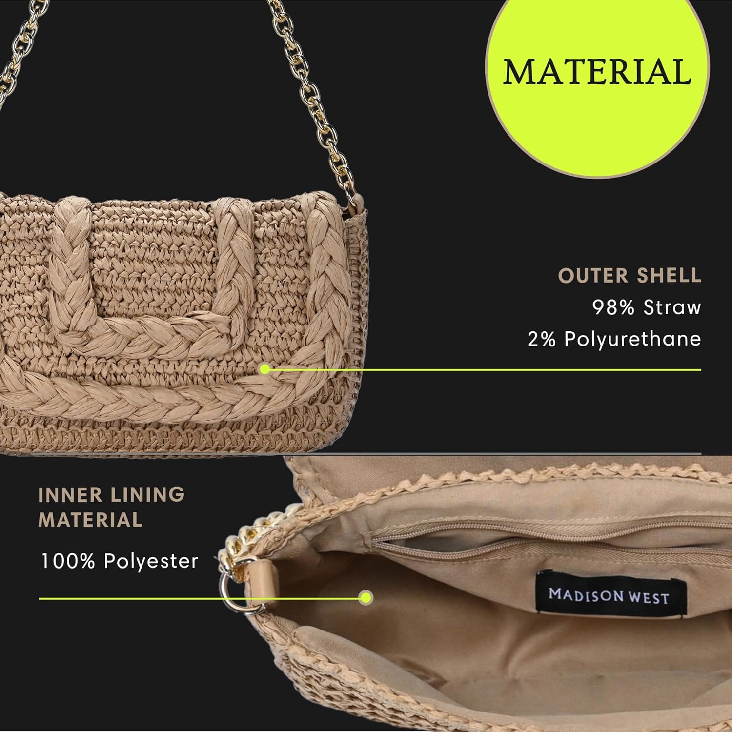 Madison West Darya Straw Shoulder Bag | Eco-Friendly Purse for Women | Stylish and Compact Shoulder Purse |