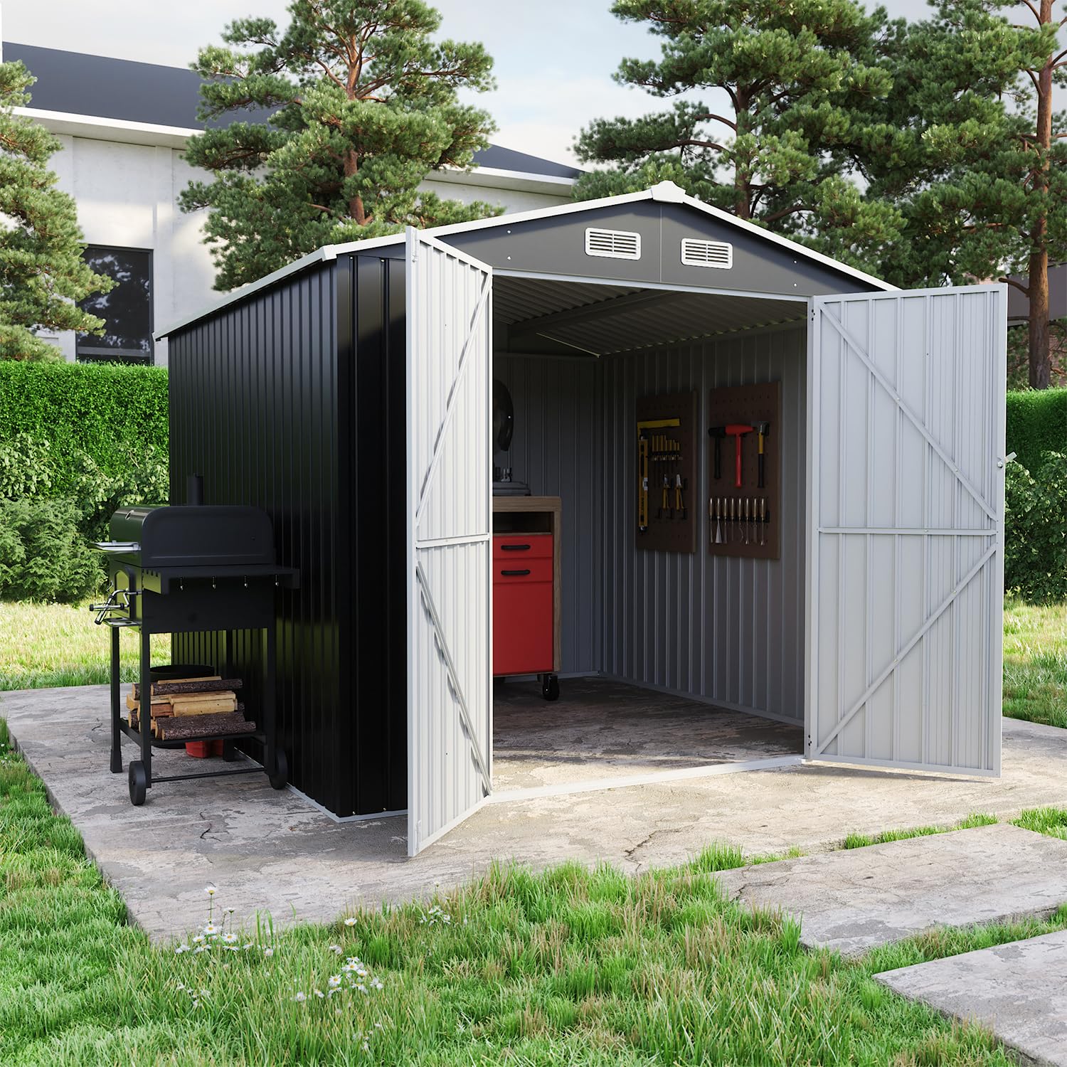 Casetta Da Giardino In Acciaio Zincato 2,56x2,56xh2,16m, 6,55mq, Deposito Attrezzi con Tetto Spiovente, Porta Battente (Nero)