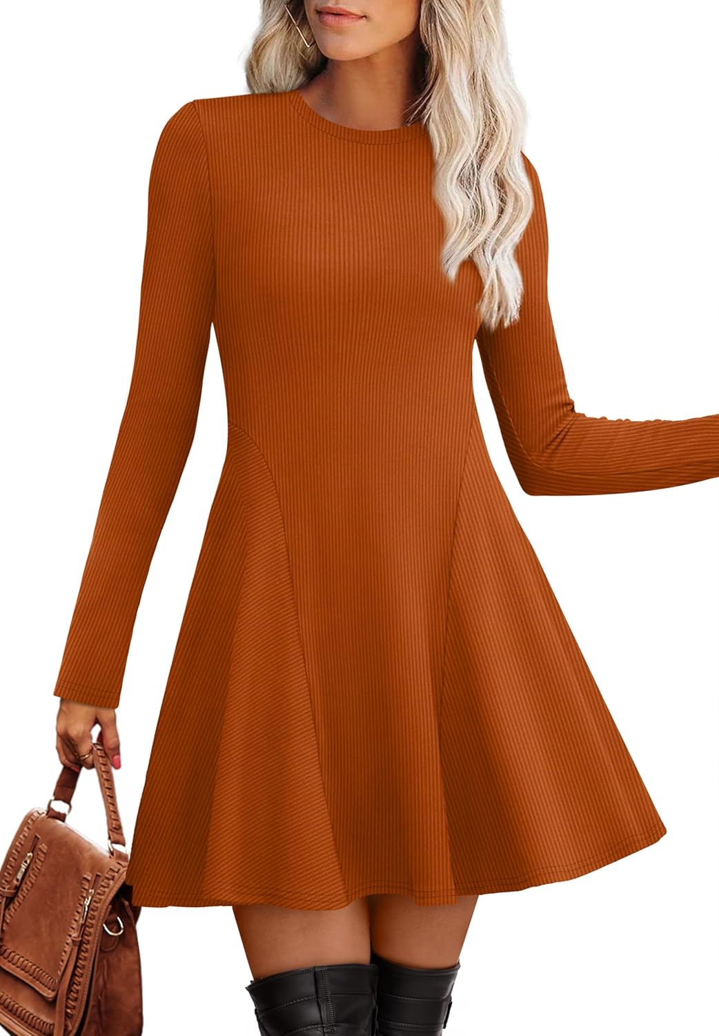 OFEEFAN Sweater Dress for Women Fall 2025 Long Sleeve Crew Neck Ribbed Knit Fit and Flare A-Line Dresses - Image 2
