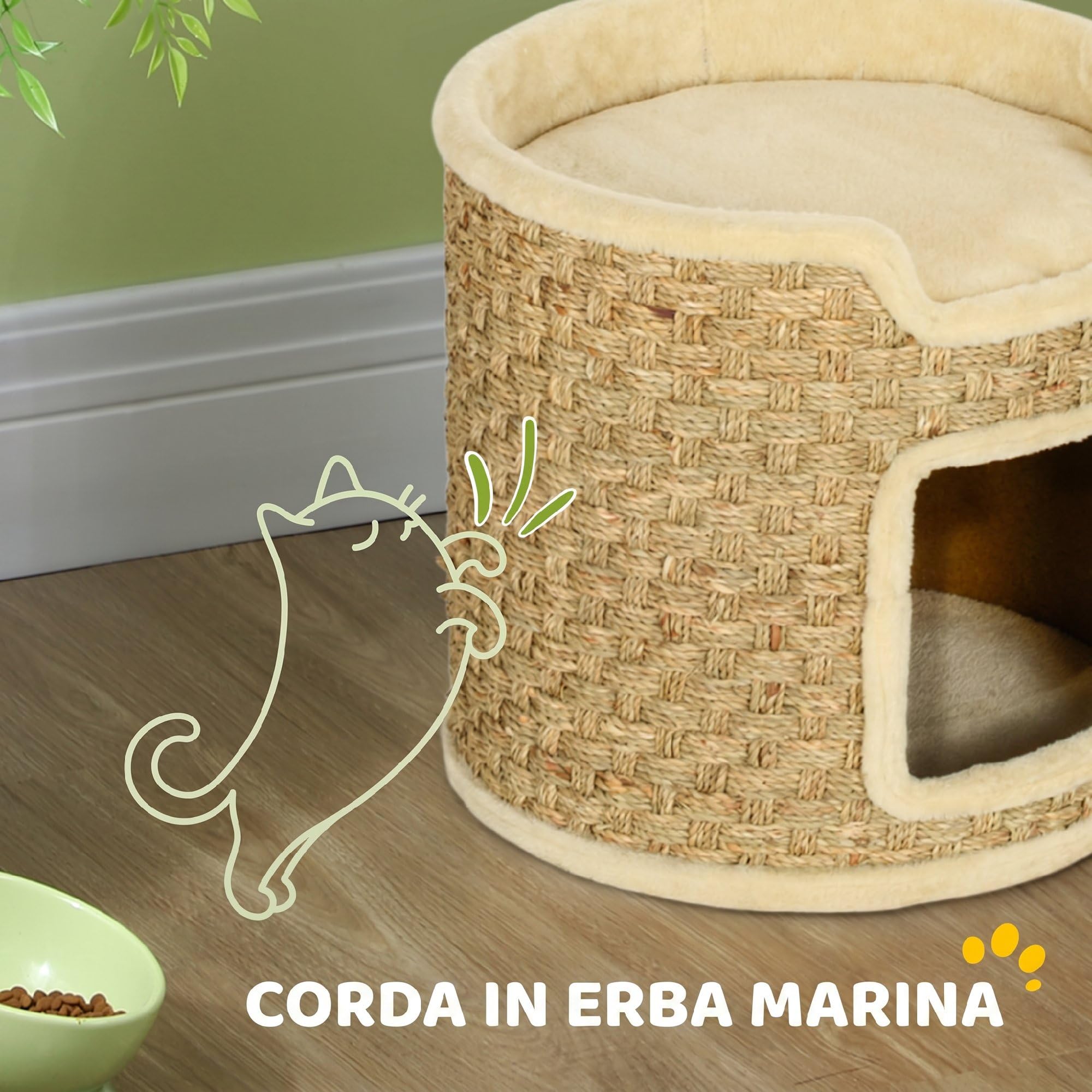 PawHut Albero Tiragraffi per Gatti Alto 37cm a 2 Livelli con Nicchia, Cachi | Torre per Gatti a Cilindro, Corda in Erba Marina e Sisal, Rivestimento in Peluche, Fino a 5 kg
