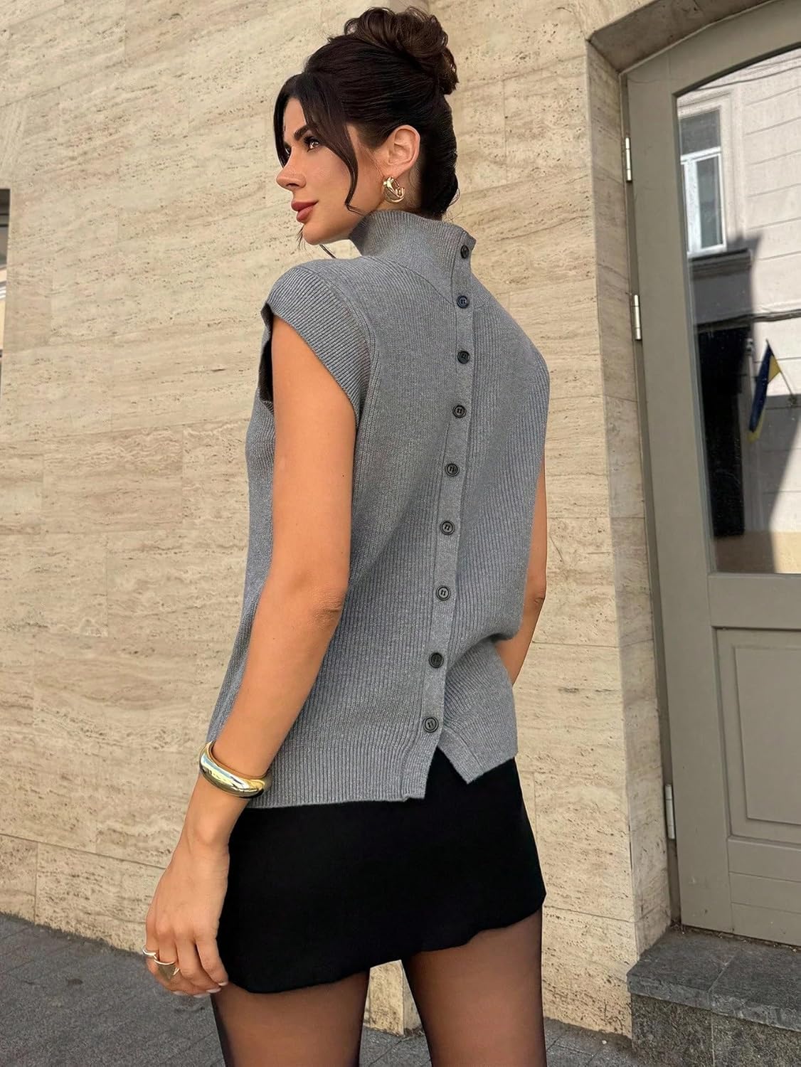 Women Fall Trendy Elegant Casual Sleeveless Open Front Button Loose Knit Sweater Vest Sweater Vest Top