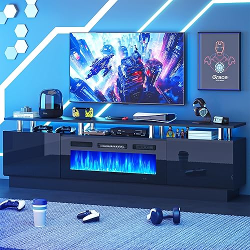 MXV 80" Fireplace TV Stand, Modern Entertainment Center & 36 Inch Electric Fireplace with Remote Control, LED Light, Fire Place Tv Stand for Living Room for TVs up to 90", Black + Black