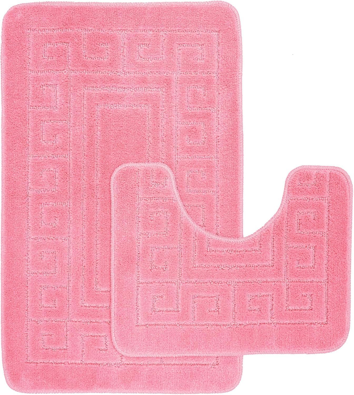 Greek Bath Mat 2 Pcs Set Non-Slip Bath Rug Toilet Mat Washable Bathroom Mats Rugs Absorbent Soft Rug for Bathtub Bathroom Includes 1 Bath Mat (50 X 80cm) And 1 Pedestal Mat (50 X 40cm) (PINK)