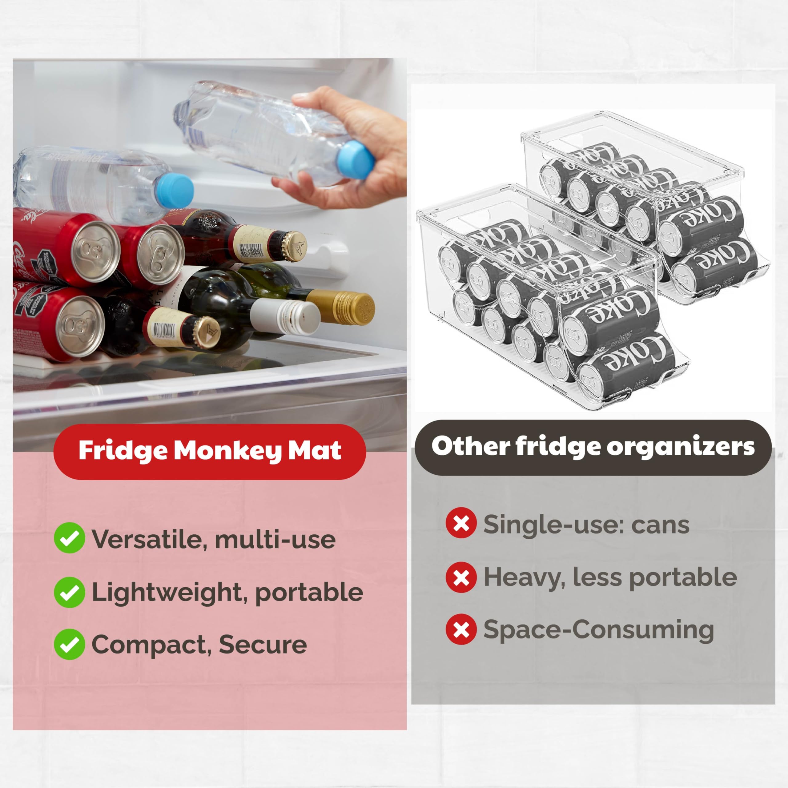 Tapete de mono para nevera, organizador de latas de vino y refrescos para refrigerador, soporte organizador de bebidas que hace que las latas y botellas sean apilables para un fácil almacenamiento, 3