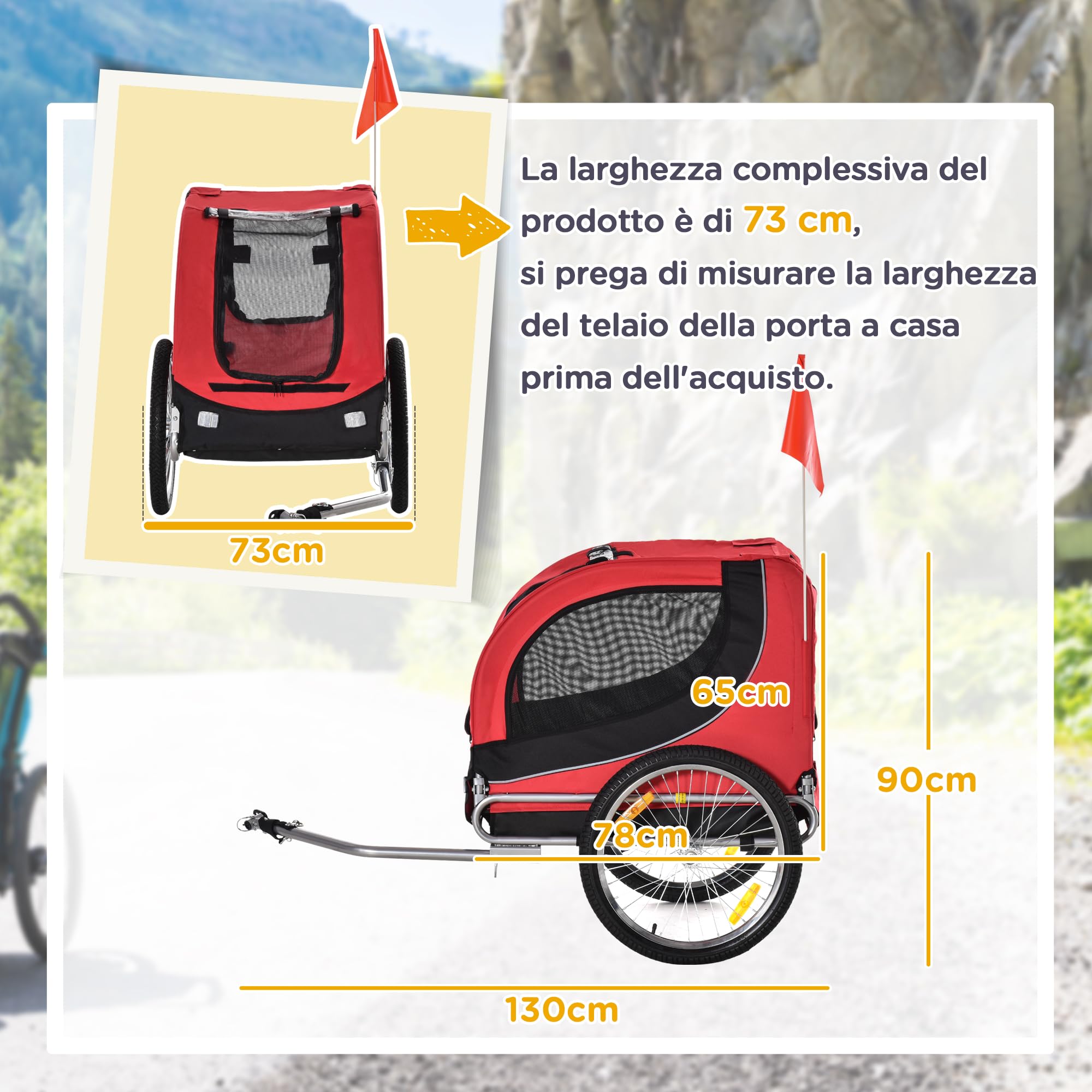 PawHut Carrellino Rimorchio per Cani Animali Domestici da Bicicletta 130 x 73 x 90cm Rosso e nero
