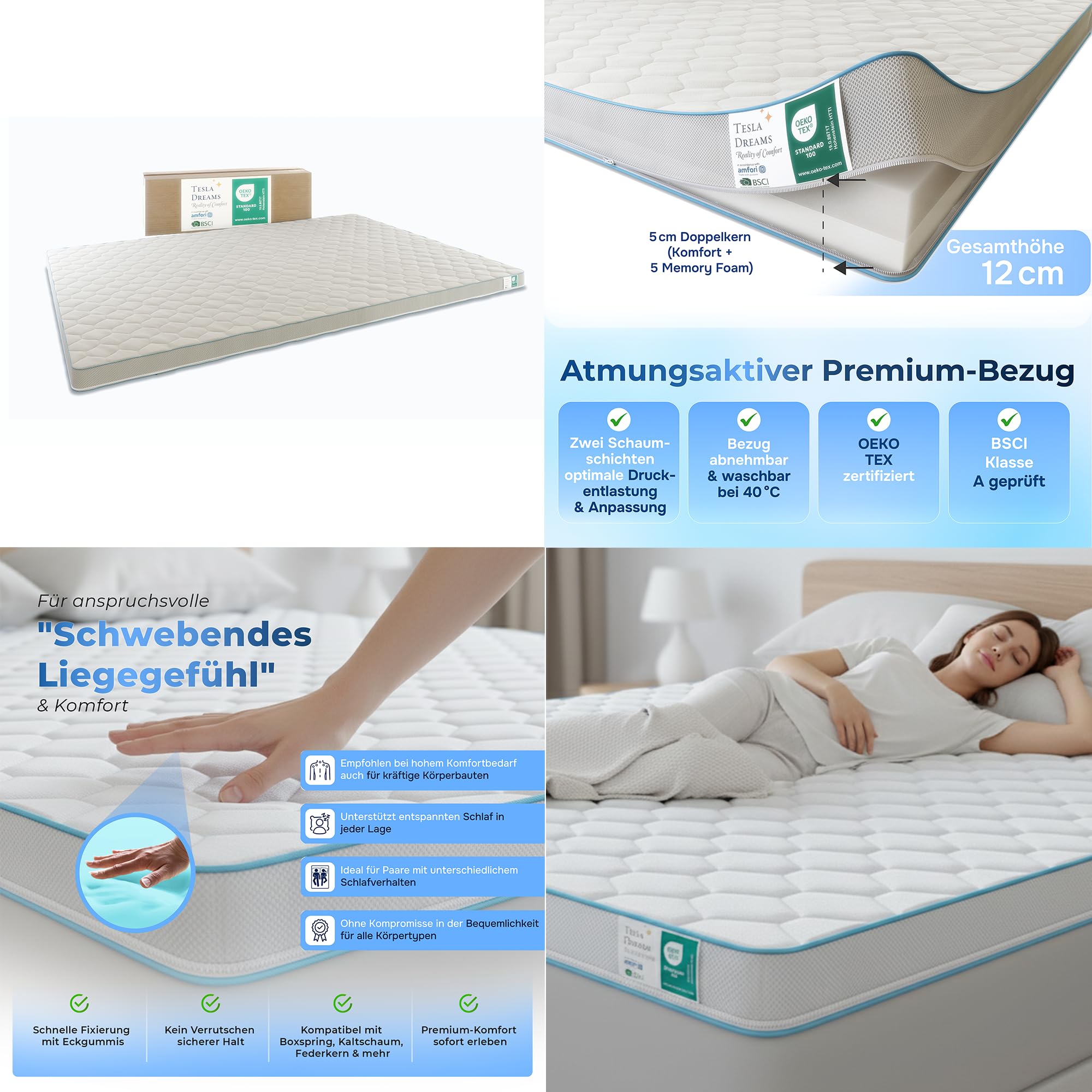 Tesla Dreams MemoLUX Premium Topper 100x200 cm – 12 cm Visco-Memory Foam + Comfort Foam – Pressure Relief & Ergonomic – Breathable – OEKO-TEX Certified – Removable & Washable Cover