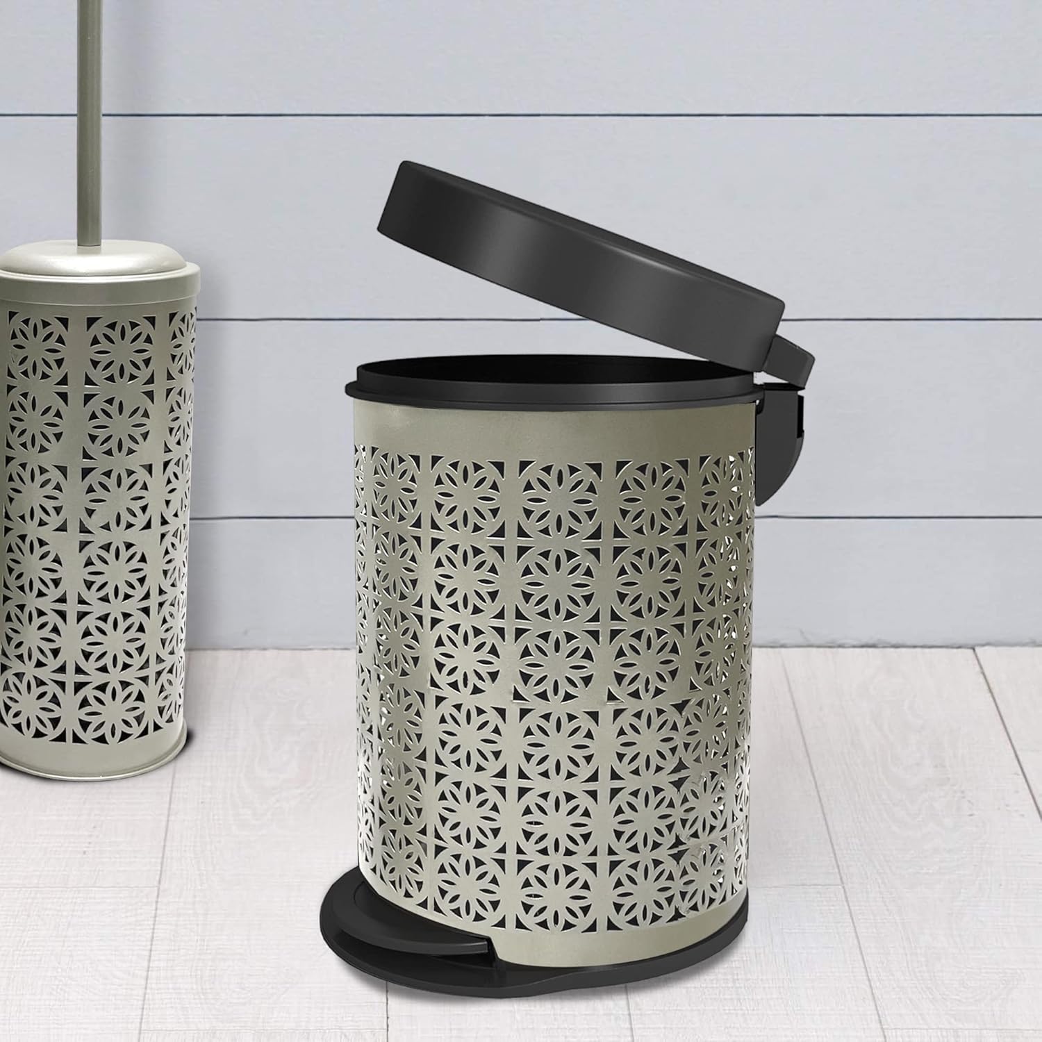 nu steel Laser Cut Pewter Step Garbage Trash Can & Toilet Brush Holder with Lid: 5 Liter/1.32 gal for The Kitchen, Bathroom, Bedroom, Patio, RV
