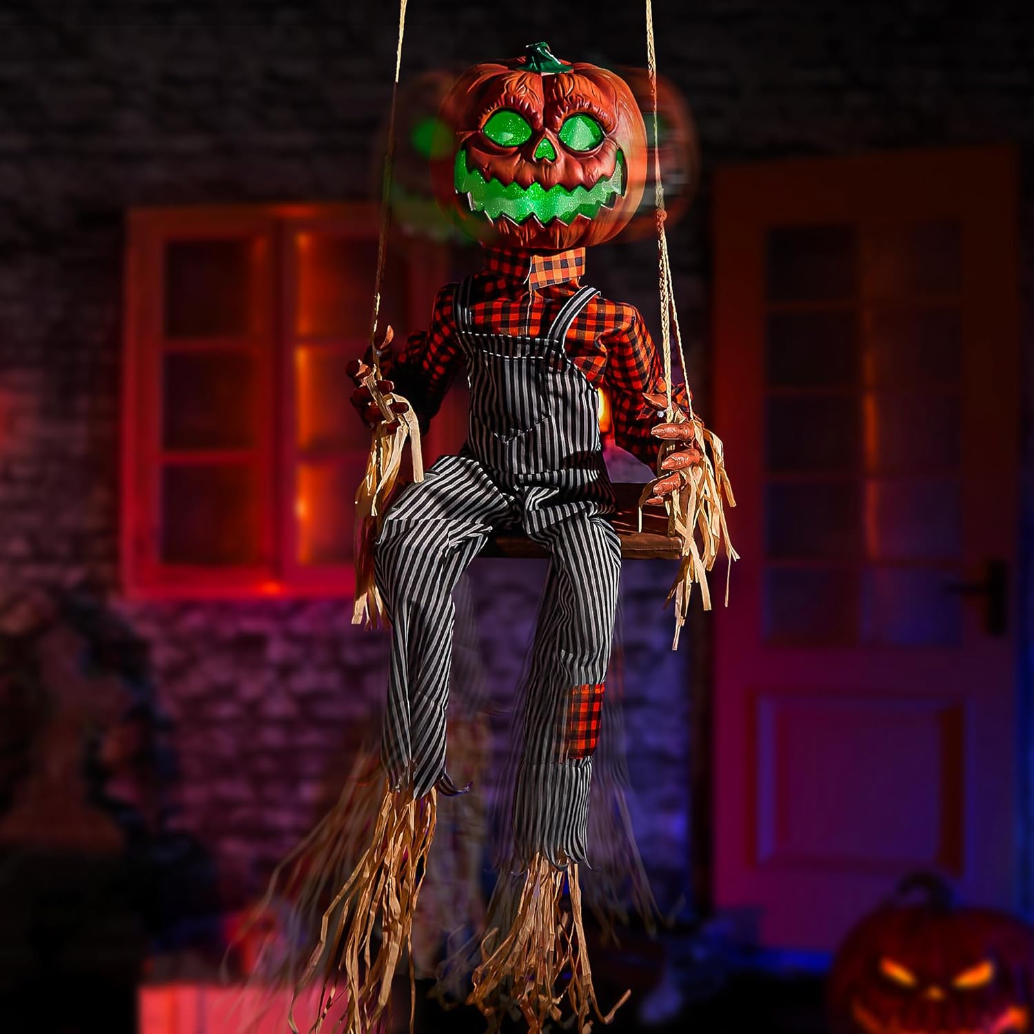 Halloween Animatronics Swinging Pumpkin, Hanging Animated Decorations with Motion Sensor, Creepy Sound, Scary Move, Light Up Eyes, Haunted Decor Horror Spooky Prop for Indoor, Outdoor, Yard Lawn