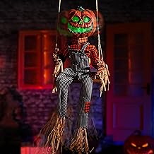 Halloween Animatronics Swinging Pumpkin, Hanging Animated Decorations with Motion Sensor, Creepy Sound, Scary Move, Light Up Eyes, Haunted Decor Horror Spooky Prop for Indoor, Outdoor, Yard Lawn