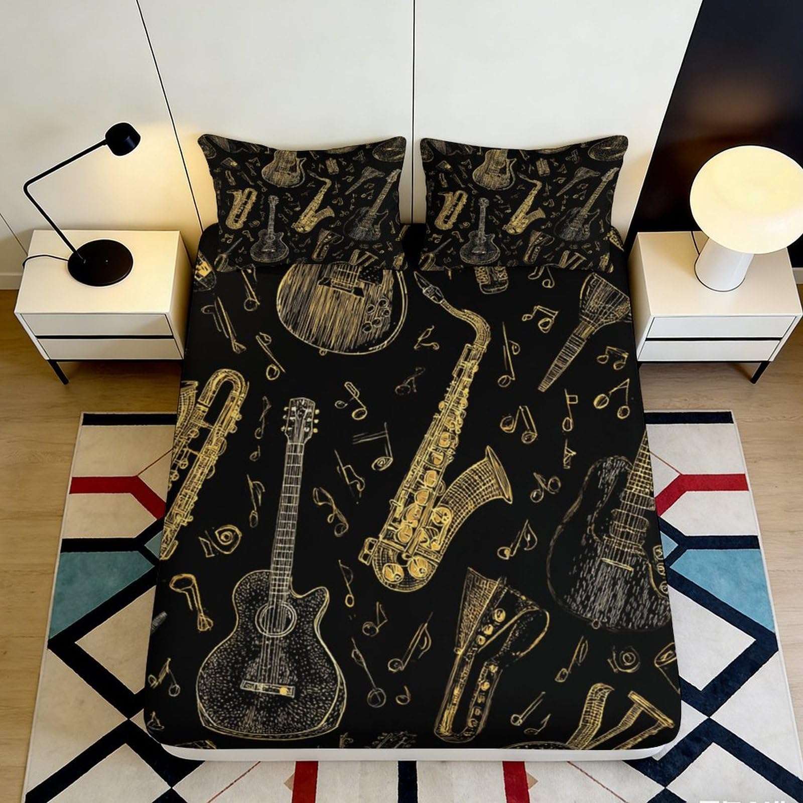 3D Printed Musical Instrument Fitted Sheet Microfiber Black Gold Bedroom Decor Music Note Mattress Cover for Home Dorm 90x200x25cm
