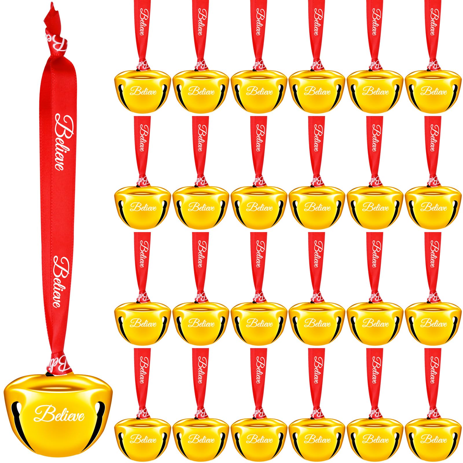 24 Pcs Christmas Believe Sleigh Bell Ornaments with Believe Ribbon - 1.5 Inch Jingle Bells for Christmas Tree (Gold Color)