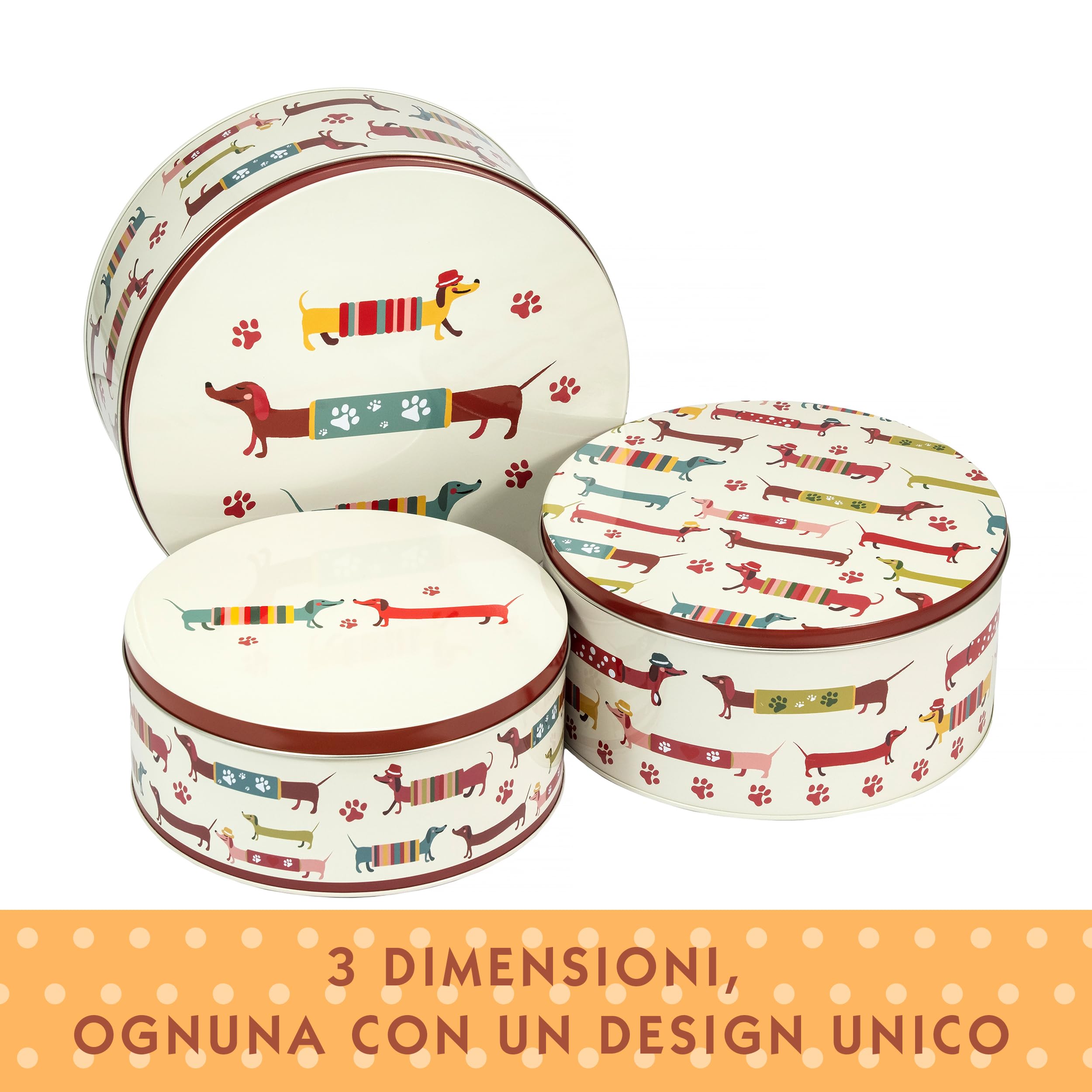 SPOTTED DOG GIFT COMPANY Set di 3 Scatole di Latta, Contenitori Impilabili per Biscotti in Metallo, Barattoli di Latta Rotondi Ermetici per Conservare Torte e Alimenti, Piccola Media Grande - Bassotti