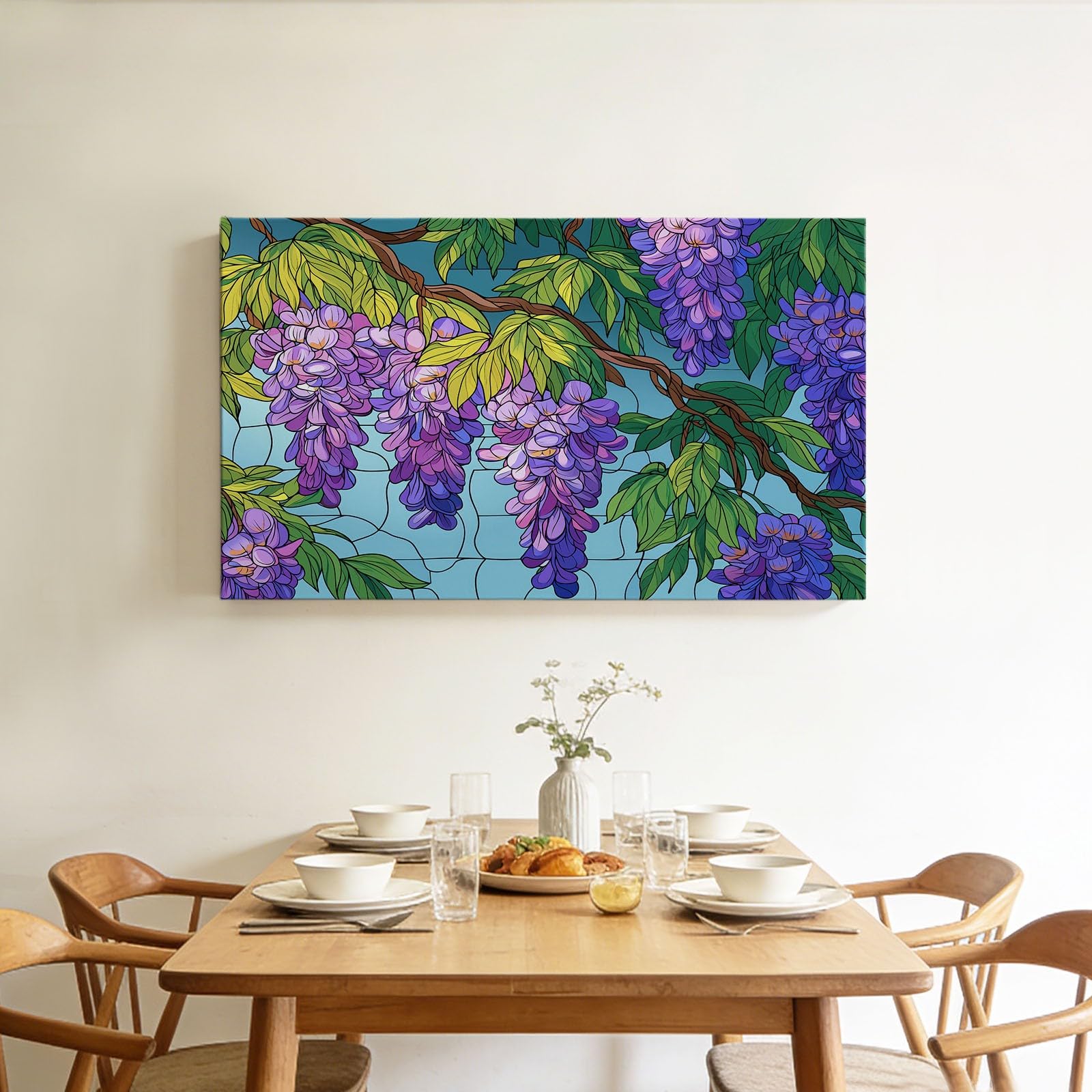 Generisch Ölgemälde Botanisch Glyzinie Grüne Blätter Modernes Leinwandbild 140L x 70B cm mit Rahmen, Cartoon XXL Wanddeko für Wohnzimmer Geschenk Idee Einzug - Hochwertiger Kunstdruck auf Holzrahmen