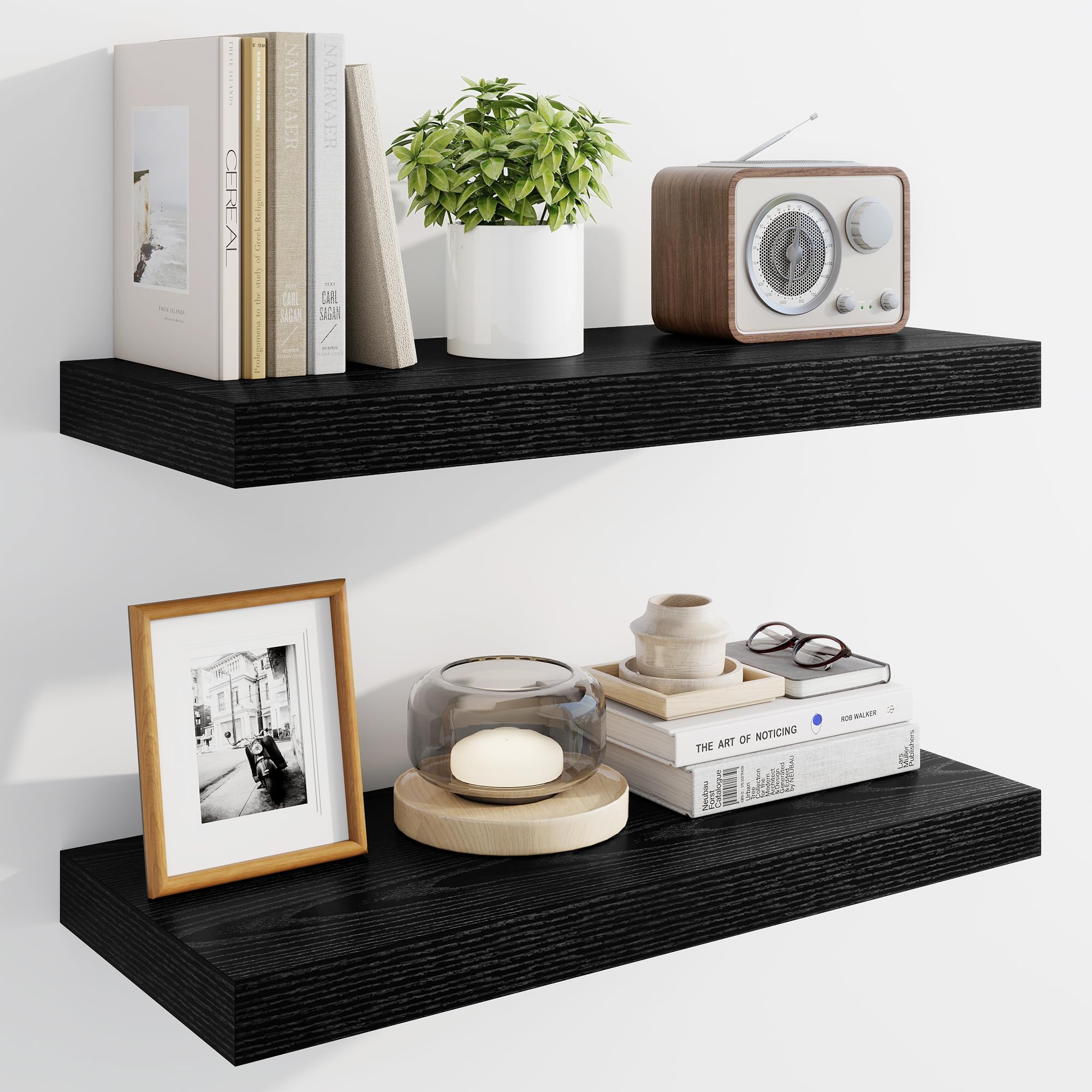 Marsmiles 60cm Floating Shelves for Wall, Wooden Shelves with Invisible Brackets Set of 2, Rustic Farmhouse Wall Mounted Shelf for Kitchen Bathroom Living Room Study, Black — image 1