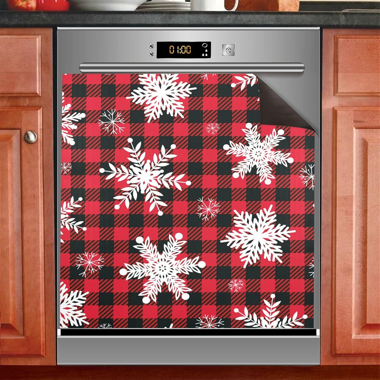 Dishwasher Cover Panel, Snowflakes with Buffalo Plaid Refrigerator Cover