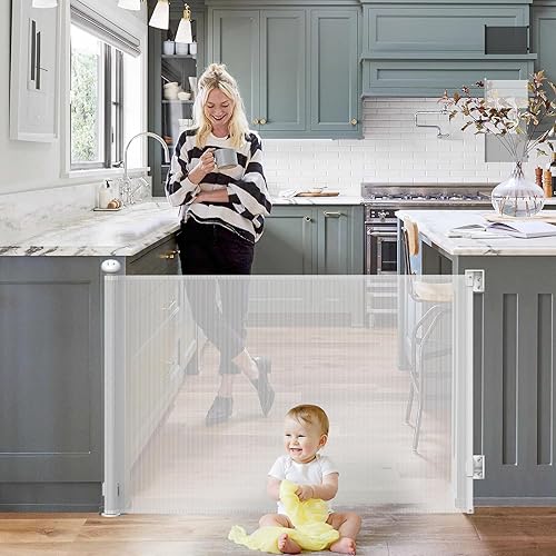 Puerta de seguridad de malla retráctil, puerta para mascotas, puerta para bebé, 33 pulgadas de alto, se extiende hasta 55 pulgadas de ancho, para