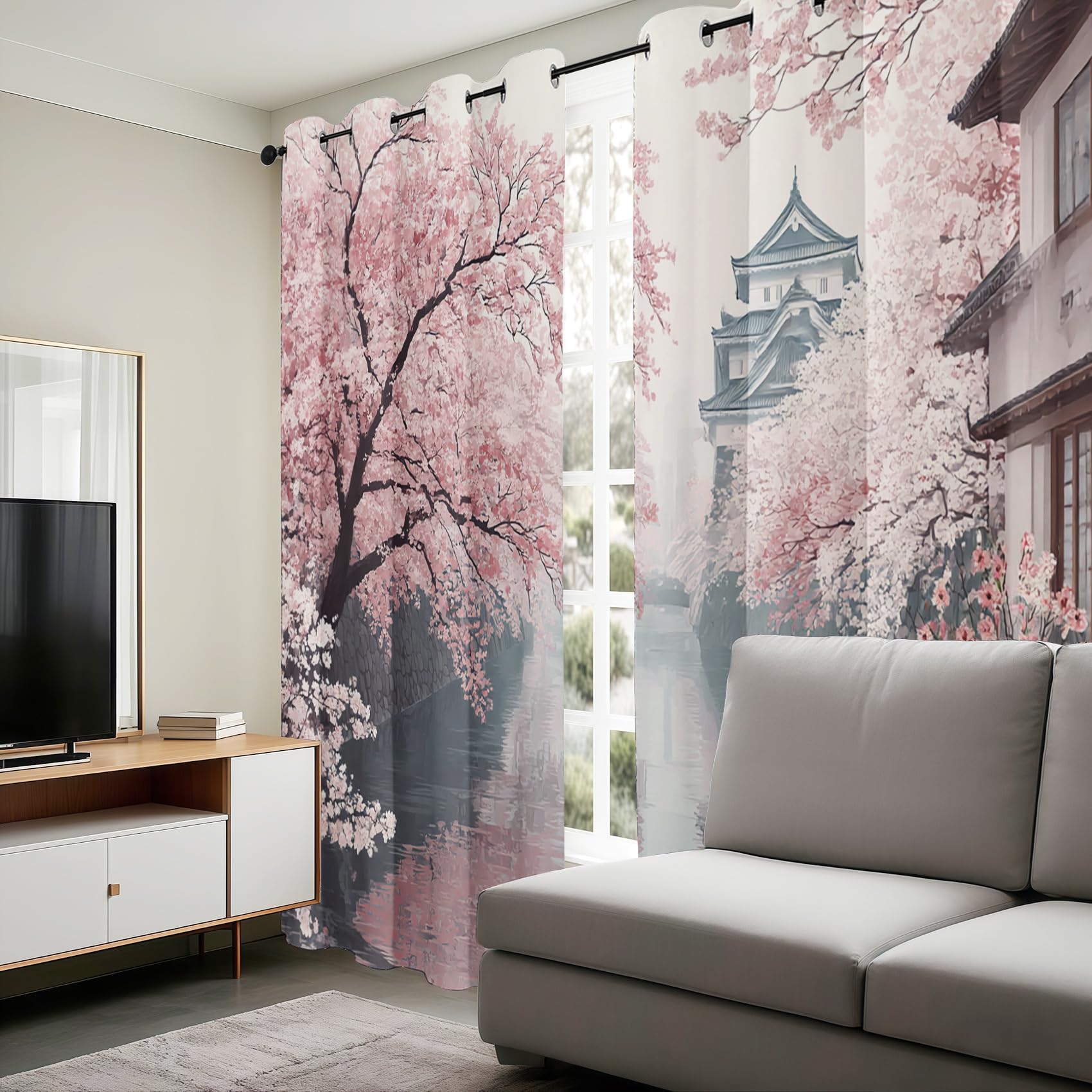 Générique Rideau Paysage Japonais Rideaux Chambre Salon Fleurs de Cerisier Oriental Rideau Occultant Thermique Isolant Anti-Chaleur Phonique Lot de 2 Rideaux à Oeillets 140x225 cm MDLQ167ll