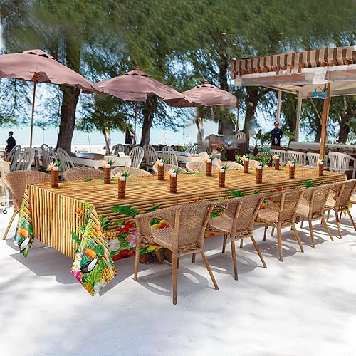 Miniatura 6 de Frienda 9 piezas de mantel Tiki para decoración de mesa Luau, mantel de plástico para fiesta hawaiana, mantel desechable de tótem Tiki para Hawaii,