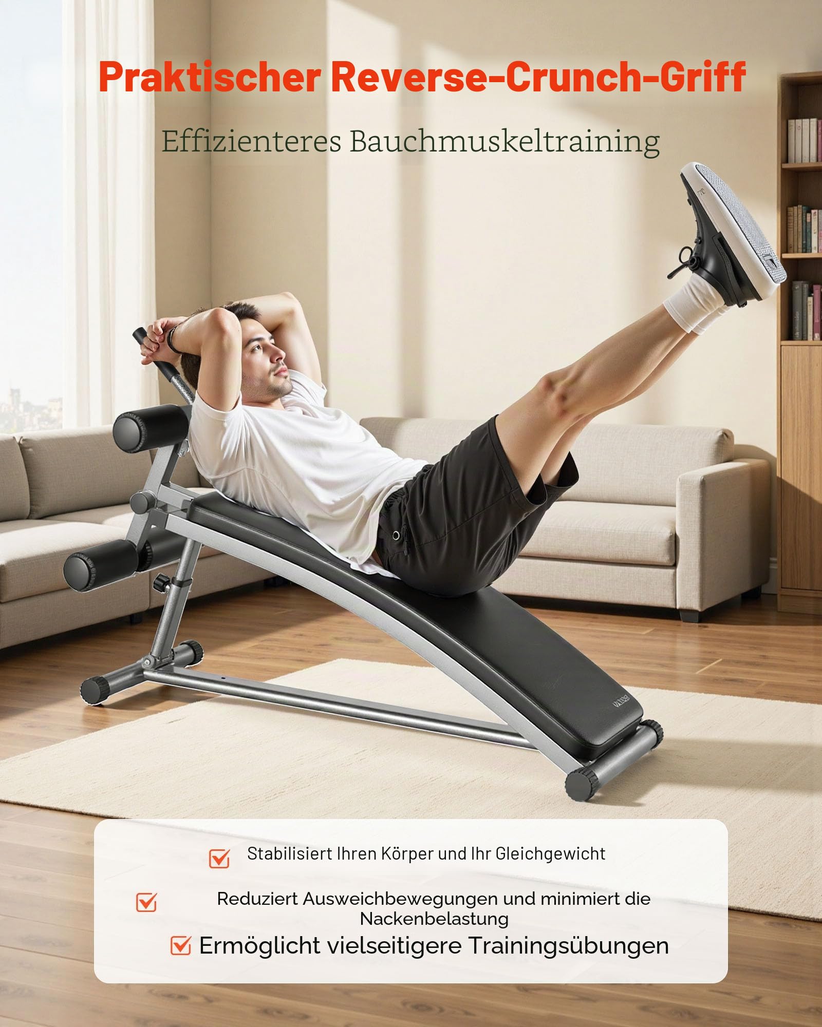 VEVOR Sit-Up-Bank, Bauchbank mit umgekehrtem Crunch-Griff, verstellbare Höheneinstellung, robuster Stahl, 500/600/453,6 kg Kapazität für Heim-Fitness-Workouts, Krafttraining, Ganzkörpermuskulatur