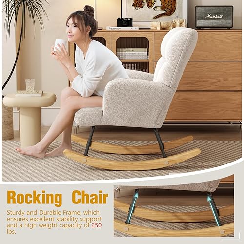 Miniatura 5 de Gaussen Mecedora planeadora para guardería, cómoda silla decorativa con respaldo alto, sillas de sala de estar tapizadas suaves para lectura,