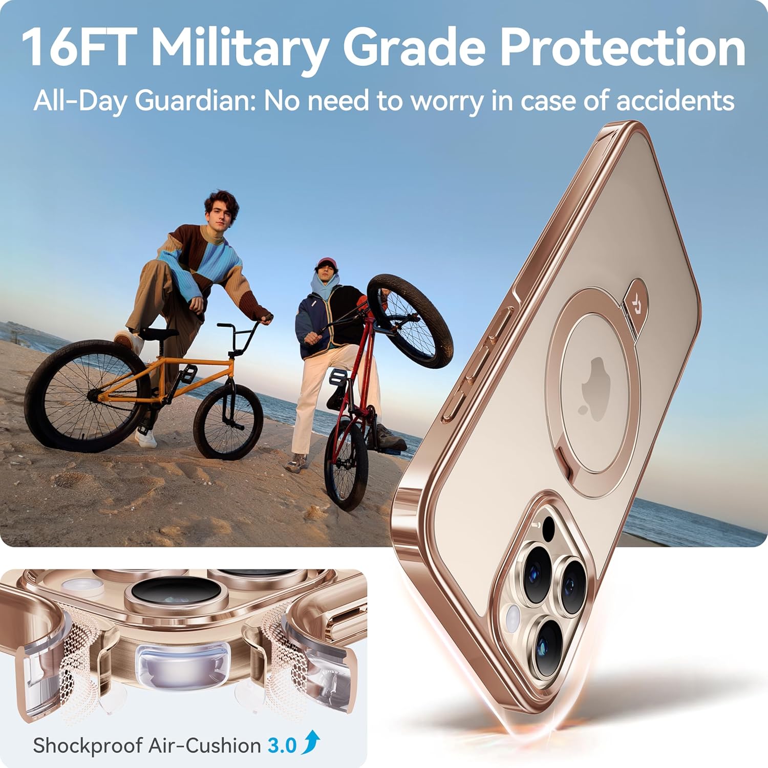 CASEKOO Gloss Gold for iPhone 16 Pro Case with Stand, [Compatible with MagSafe][16FT Military-Grade Protection] Shockproof 16 Pro Phone Cover 6.3 inch, Desert Titanium