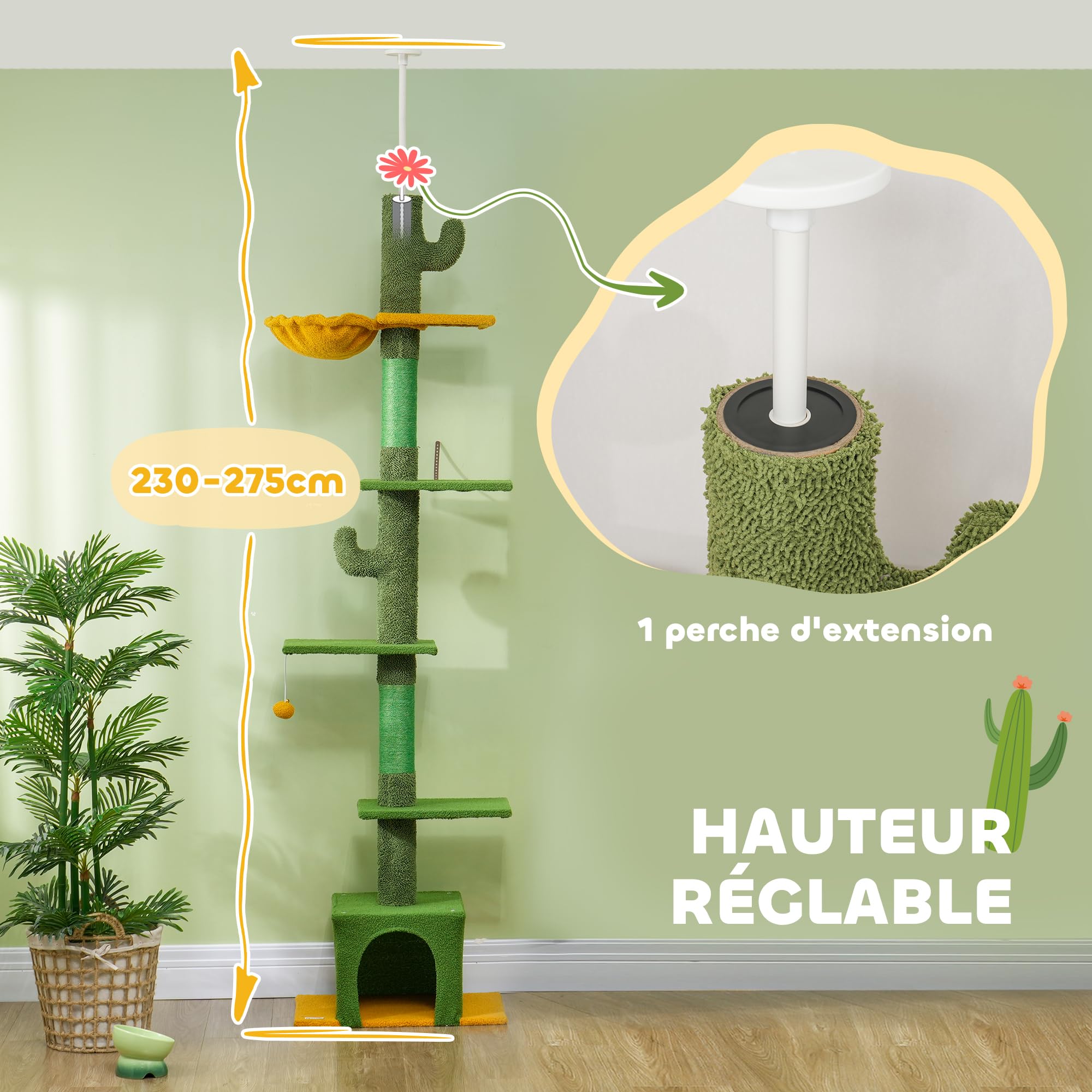 COSTWAY Krabpaal plafondhoogte, 218-253 cm, van vloer tot plafond, 5 verdiepingen tellende kattenboom met kattenmand, kamercapsule, krabladder, krabzuilen & touw, hoge kattenkrabpaal voor katten