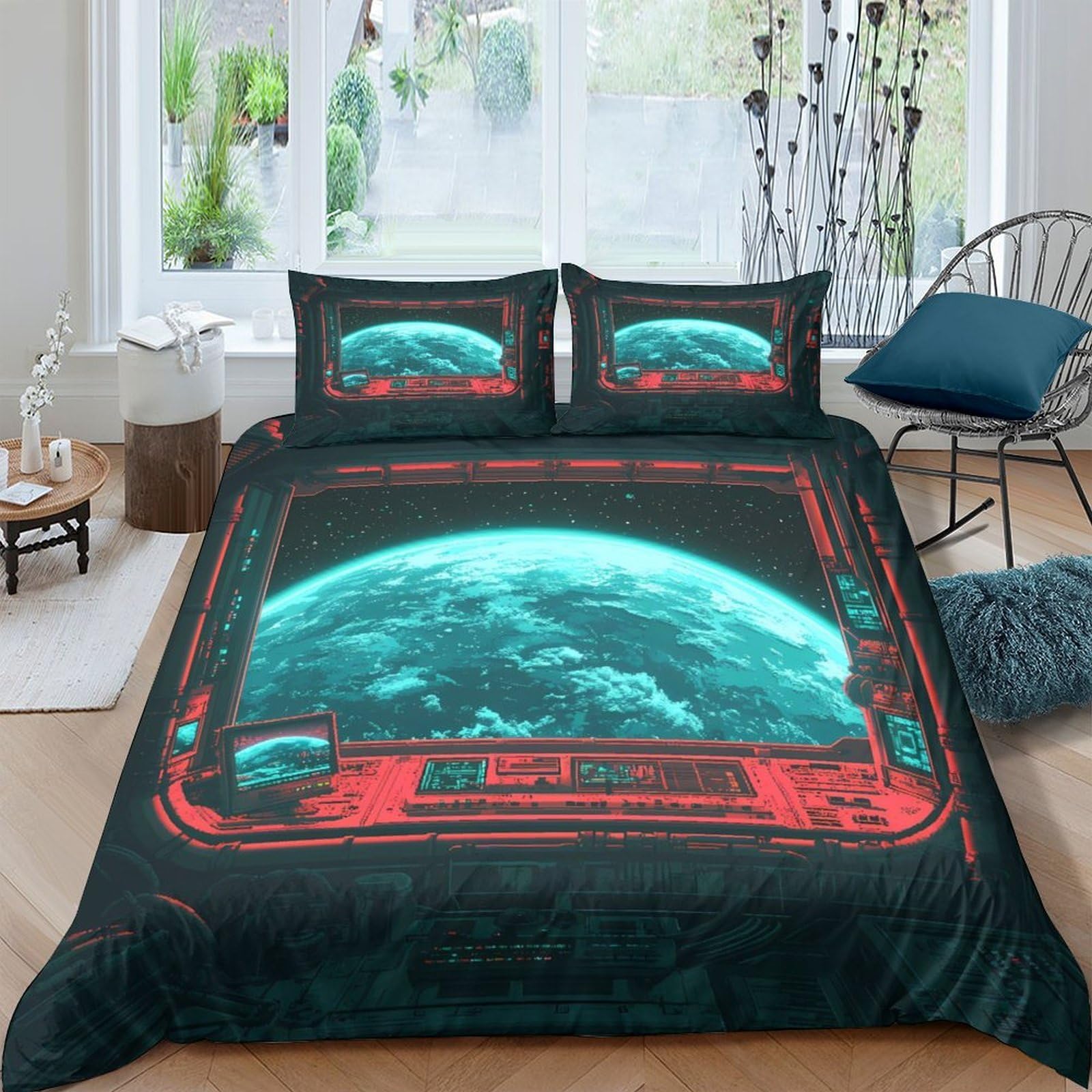 Ctjqhvkz Style-6 3D Printed Space View Fitted Sheet Microfiber Soft Breathable Earth Window Bed Cover For Bedroom Guest Room Decor Single（135X200cm）