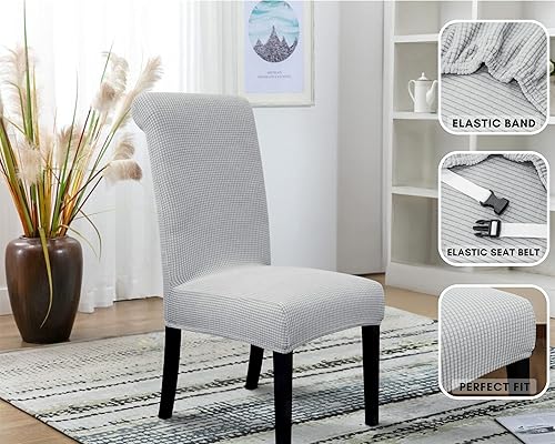 Miniatura 4 de SPRINGRICO Paquete de 6 fundas para sillas de comedor con cinturón de seguridad, fundas elásticas para sillas Parsons lavables, fundas protectoras