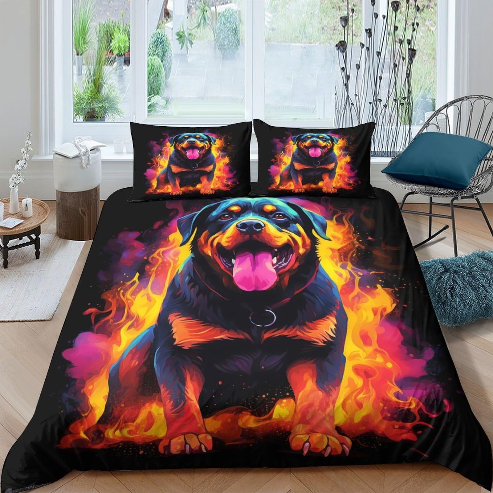 Ctjqhvkz Style-1 3D Printed Rottweiler Fire Fitted Sheet Microfiber Soft Anti-Slip Dog Flame Mattress Cover For Bedroom Home Decor Single（135X200cm）