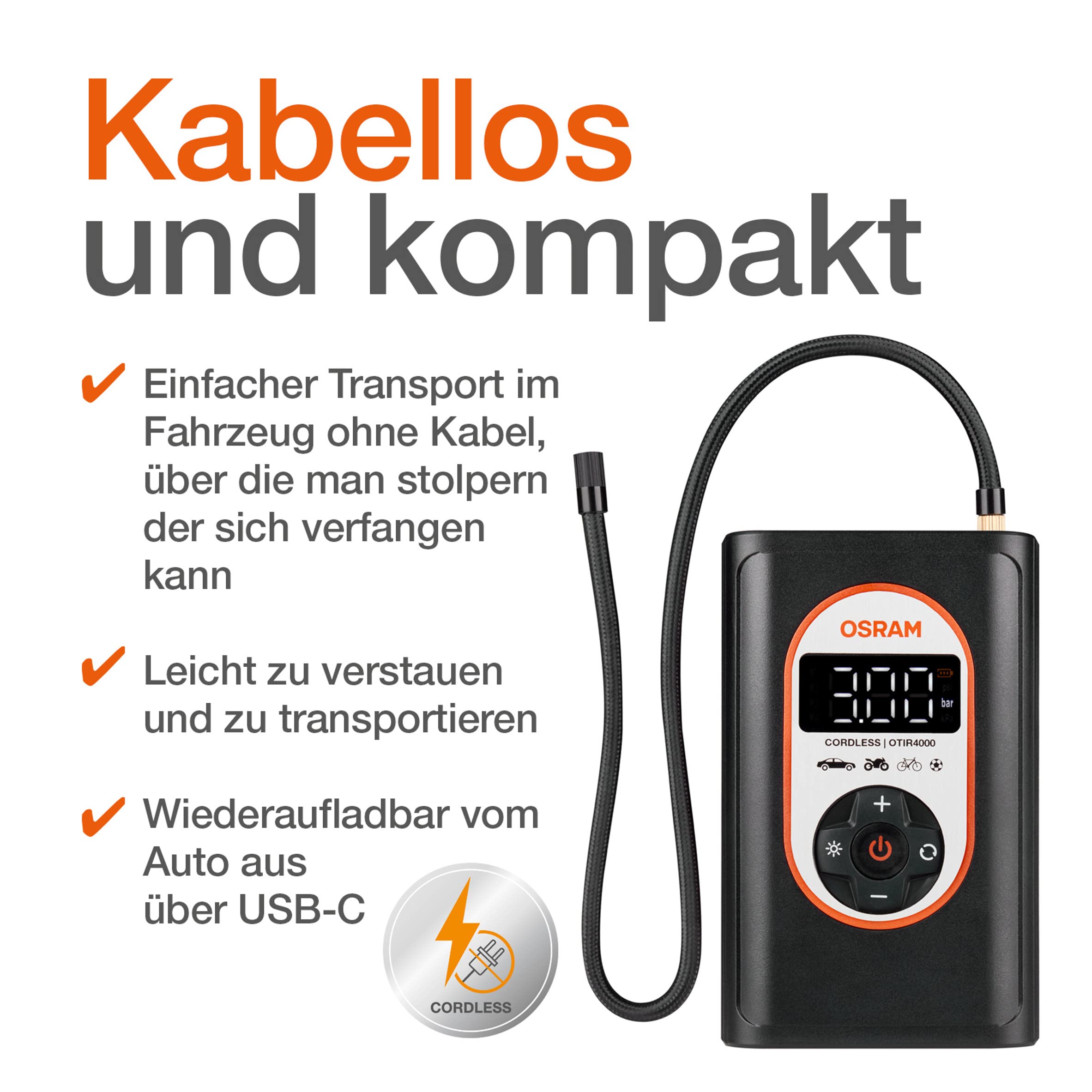 OSRAM TYREinflate 4000, wiederaufladbarer und kabelloser Reifenfüller, programmierbarer digitaler Luftkompressor mit Auto-Stopp und LED-Licht, Reifenbefüllung in 3,5 Minuten | programmierbarer digitaler Luftkompressor mit Auto-Stopp und LED-Licht, Reifenb