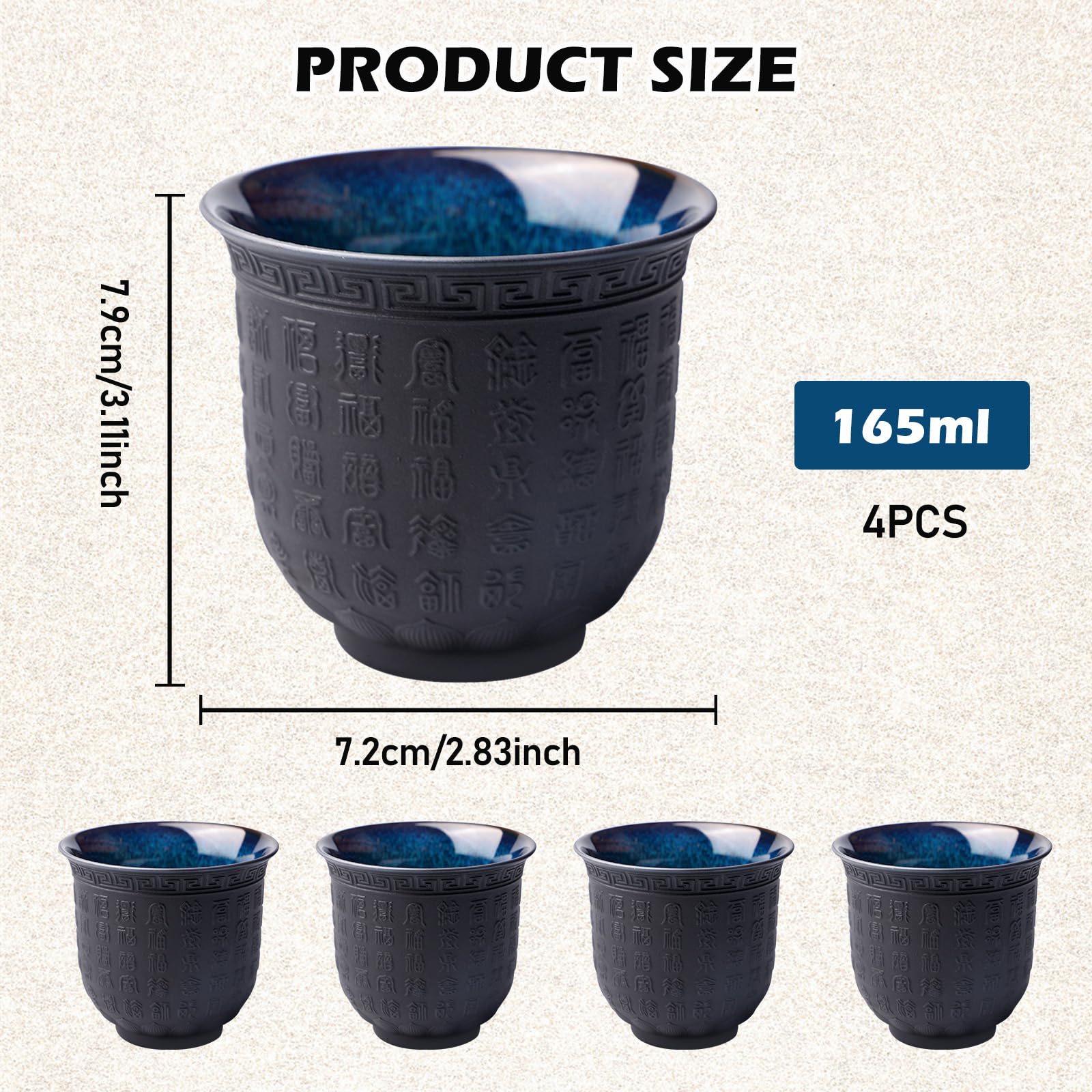 4 tazze da tè giapponesi, 165 ml, tazze da tè asiatiche, cuore buddista Sutra, in ceramica, con motivo a forma di cuore, viola, per tè, sake, espresso, caffè, tazza da tè in rilievo
