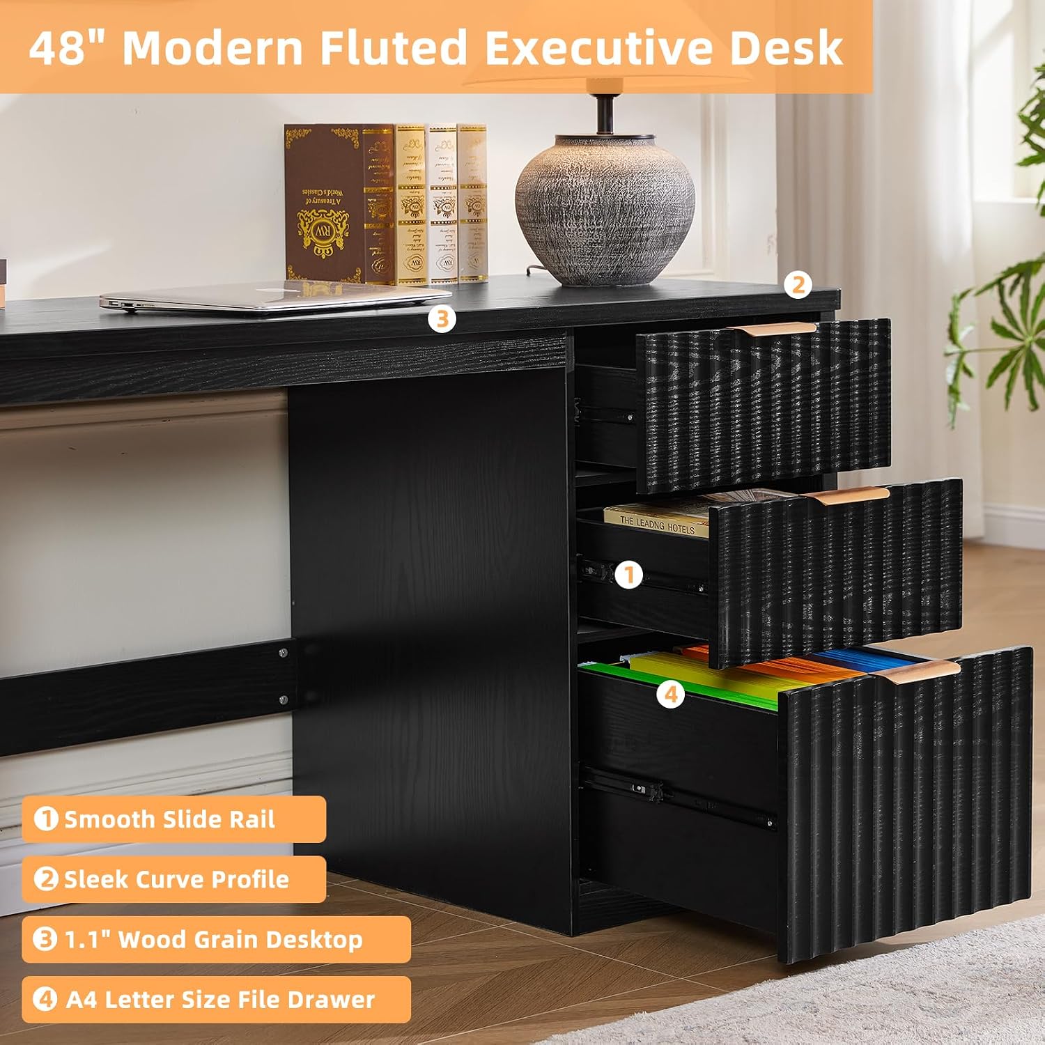 LEYAOYAO 48 inch Office Desk with drawers open, showing smooth slide rails and file drawer capacity