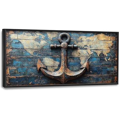 Large Rustic Anchor Framed Wall Art Vintage Nautical Canvas Wall Decor Wooden World Map Pictures Print Painting Artwork Modern Home Decorations for Living Room Bedroom Office 60 x 30 inch
