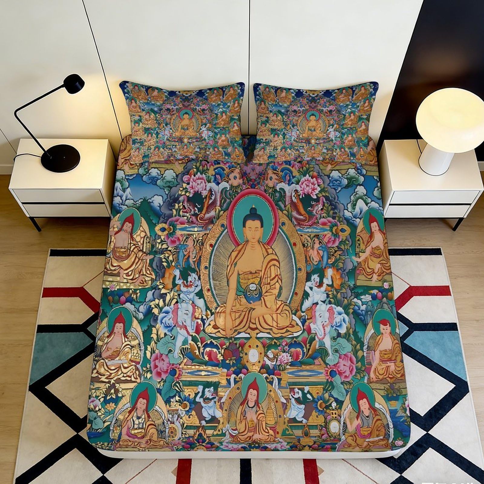 3D Printed Buddha Mandala Fitted Sheet Microfiber Artistic Decor Non-Slip Bed Cover for Bedroom Guest Room Easy Care 90x200x25cm