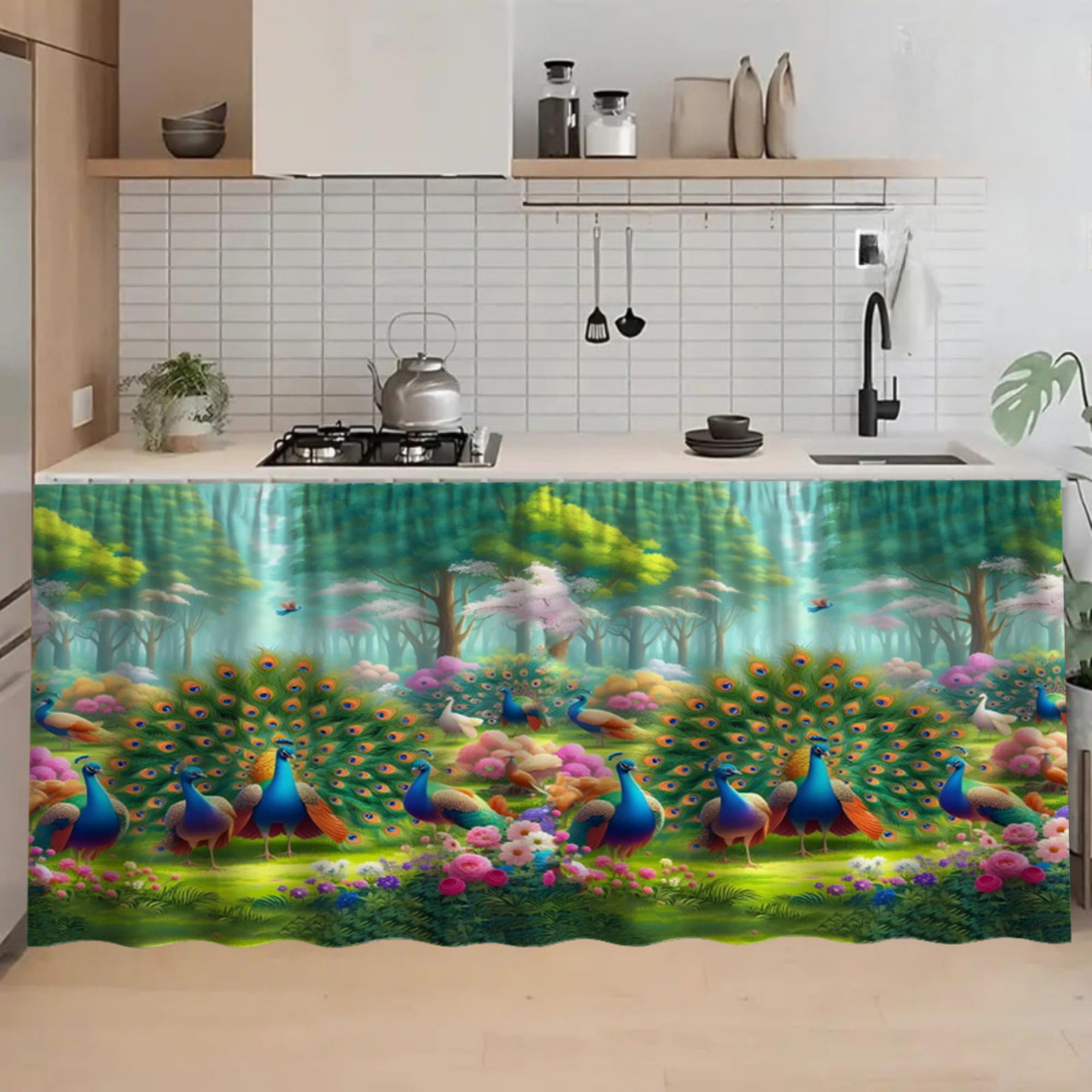 multipurpose kitchen sink curtain | under sink cabinet cover curtain | waterproof printed kitchen sink curtain | home & kitchen decor curtain (150 x 71 cm) (forest 1)