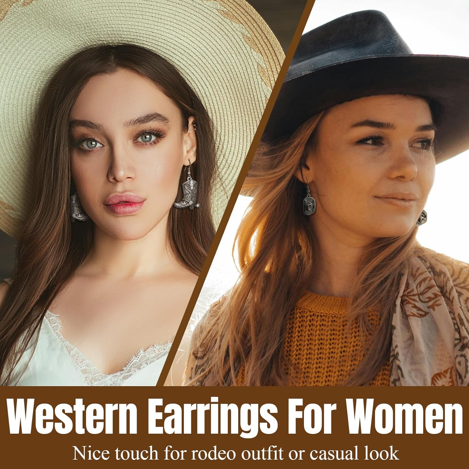 2 Pairs Rhinestone Western Boots Earrings and Cowgirl Cowboy Hat Bohemian Rodeo Boot Drop Dangle Earrings for Women - Image 2