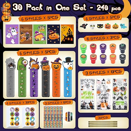 Miniatura 2 de Paquete de 30 artículos de papelería de fiesta de Halloween para el aula de niños, más de 240 piezas de bolsas de golosinas de Halloween a granel