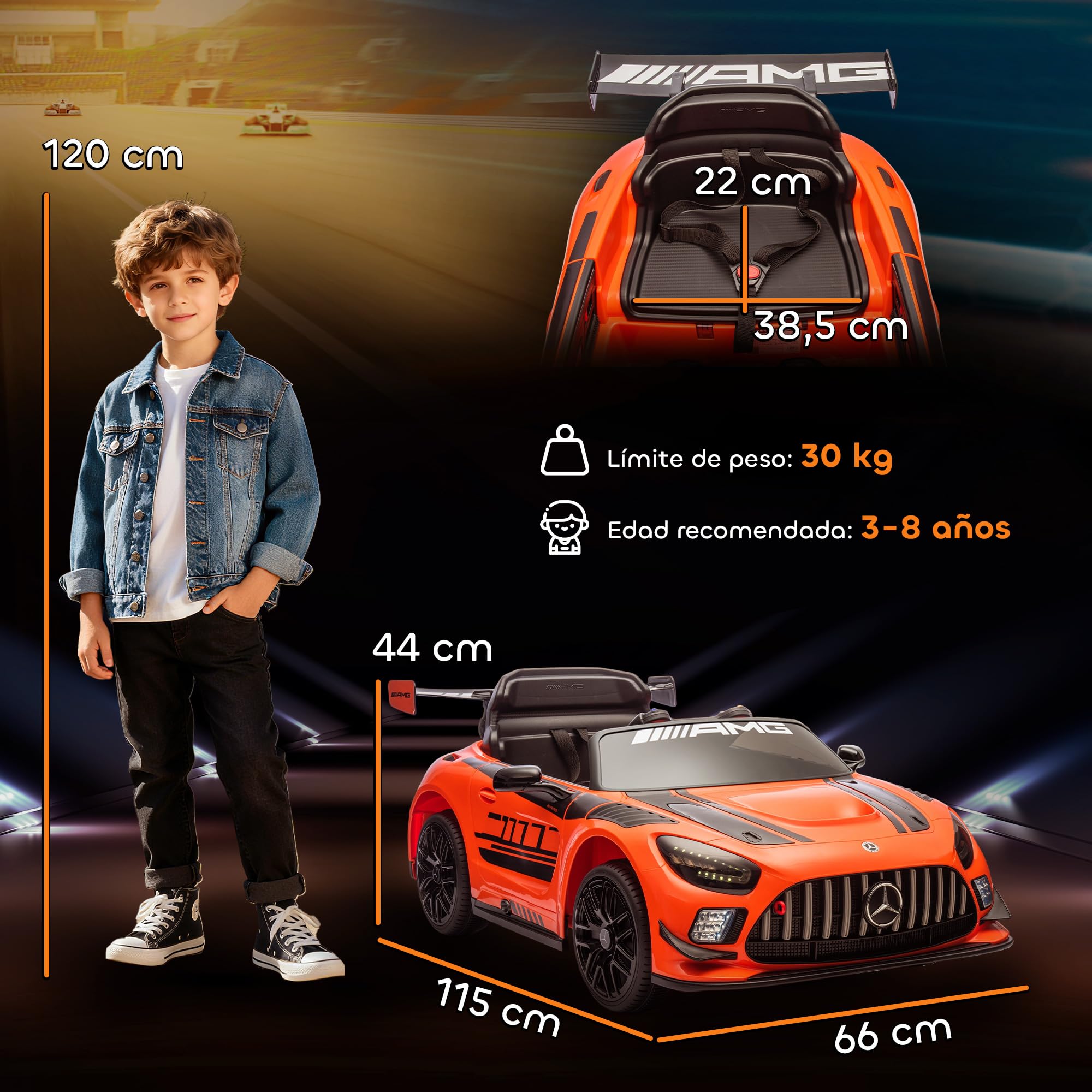 AIYAPLAY Coche Eléctrico para Niños Mercedes-AMG GT3 EVO 12V Faros Naranja | Mando a Distancia 2,4 G, Motor Doble, Ruedas Auxiliares, Asa de Arrastre, Música Inalámbrica