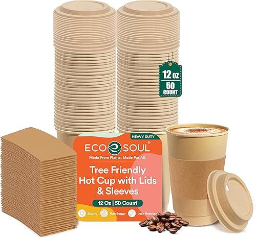 ECO SOUL Tazas de café 100 % compostables con tapas y fundas – 12 onzas (50 unidades) para llevar, tazas de bagazo desechables | Tazas resistentes y