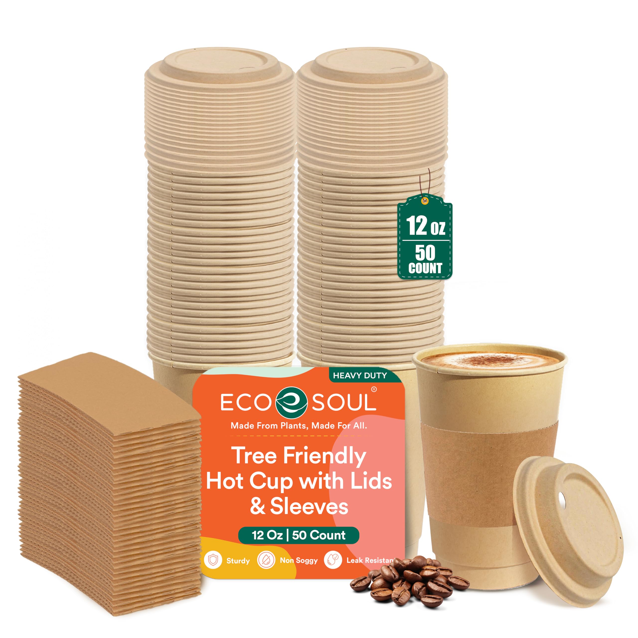 ECO SOUL Papp-Kaffeebecher aus Bagasse mit Deckel & Manschette | 340 ml 12 oz | 100% kompostierbar | Umweltfreundliche Einweg-Paperbecher To Go für Kaffee & Tee | Robust & auslaufsicher | 50 Stück
