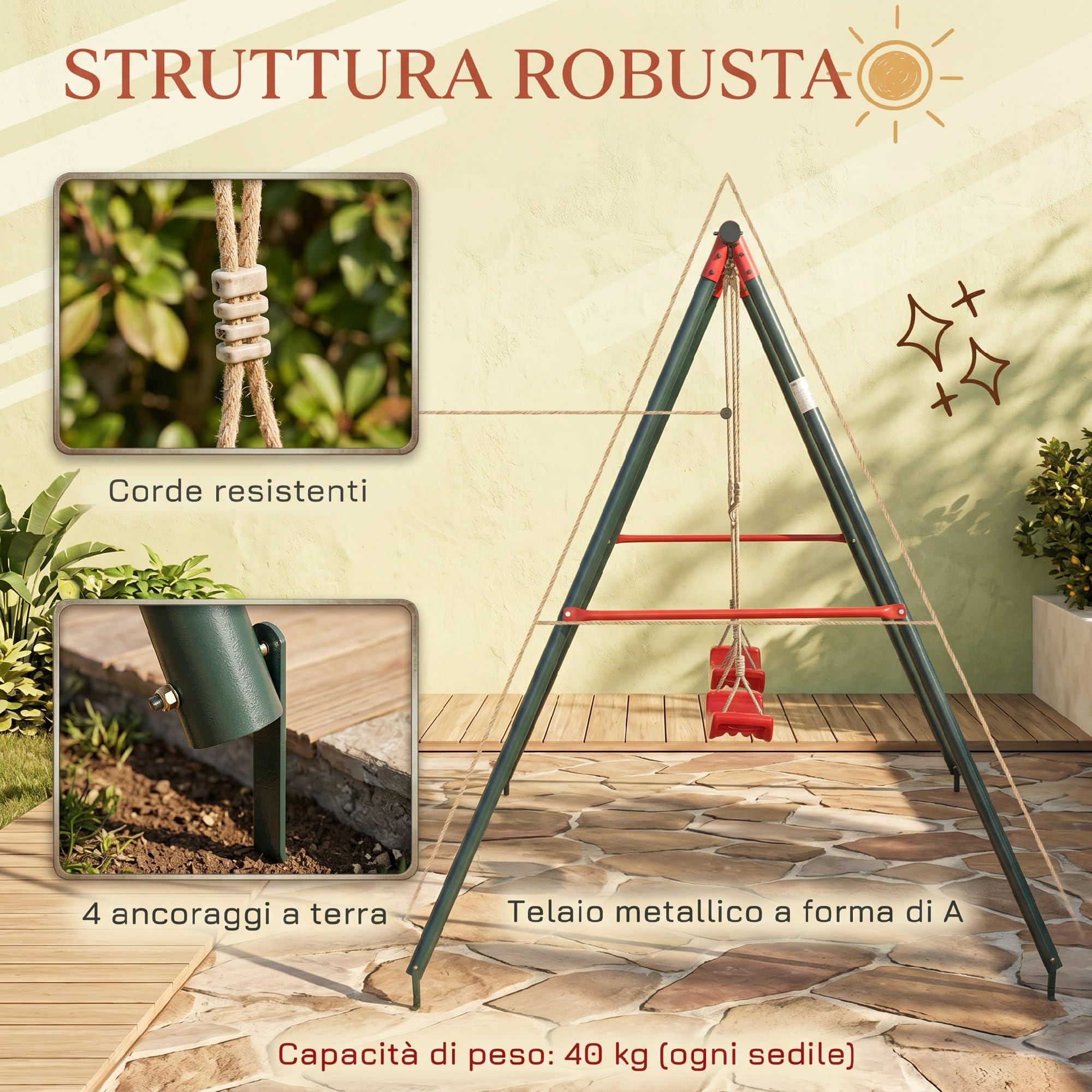 Outsunny Altalena Doppia per Bambini 3+ Anni con Struttura in Metallo, Corda Regolabile, Altalena da Giardino Gioco Esterno, Max 45 kg, 239x156x180 cm, Verde e Rosso