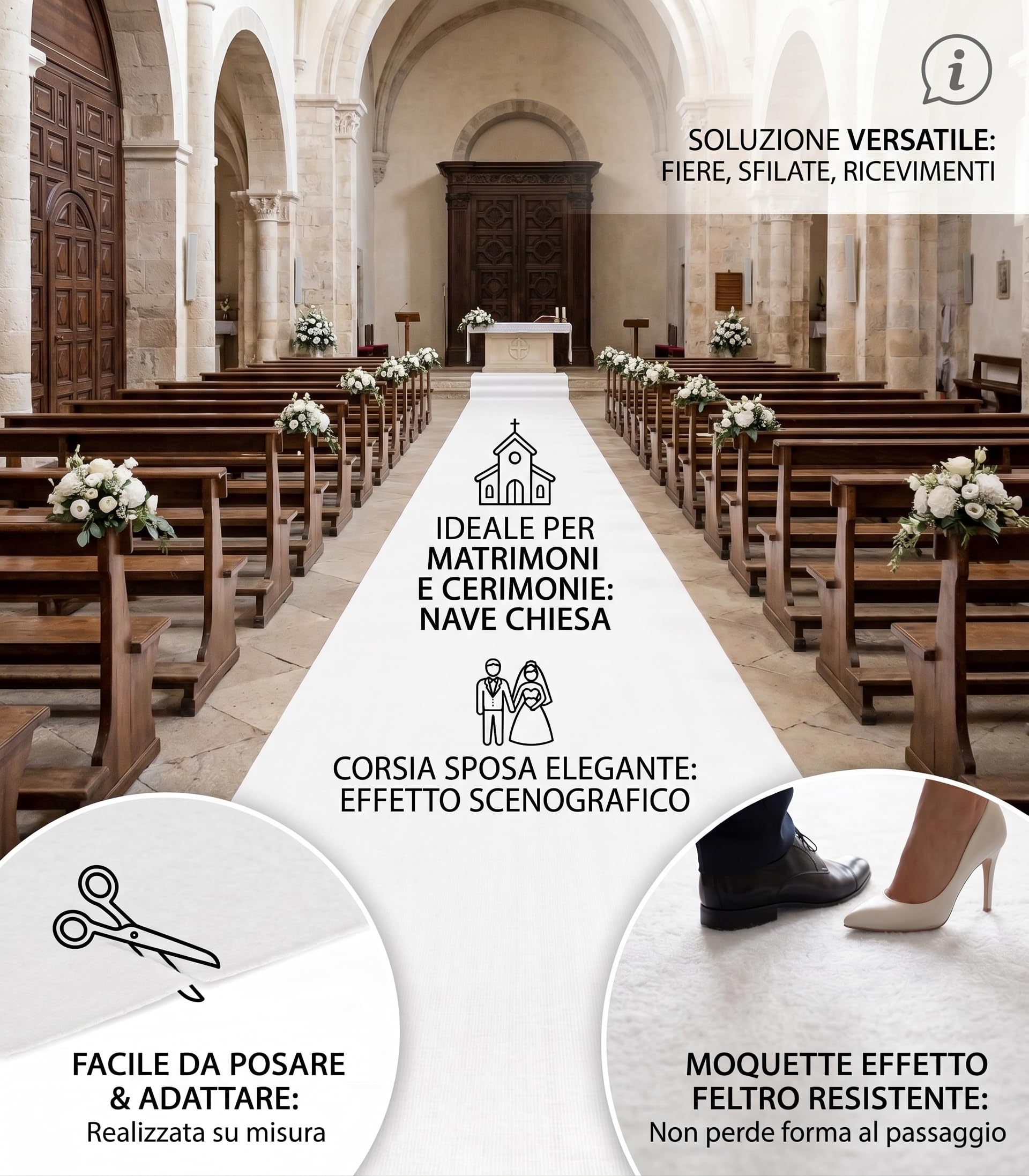 Passatoia Bianca Antiscivolo da Cerimonia, Tappeto Runner per Matrimoni, Chiesa, Eventi, Fiere, Ricevimenti, Allestimenti, Sfilate, Moquette Tessuto Resistente, Facile da Posare, Larghezza 1 o 2 metri