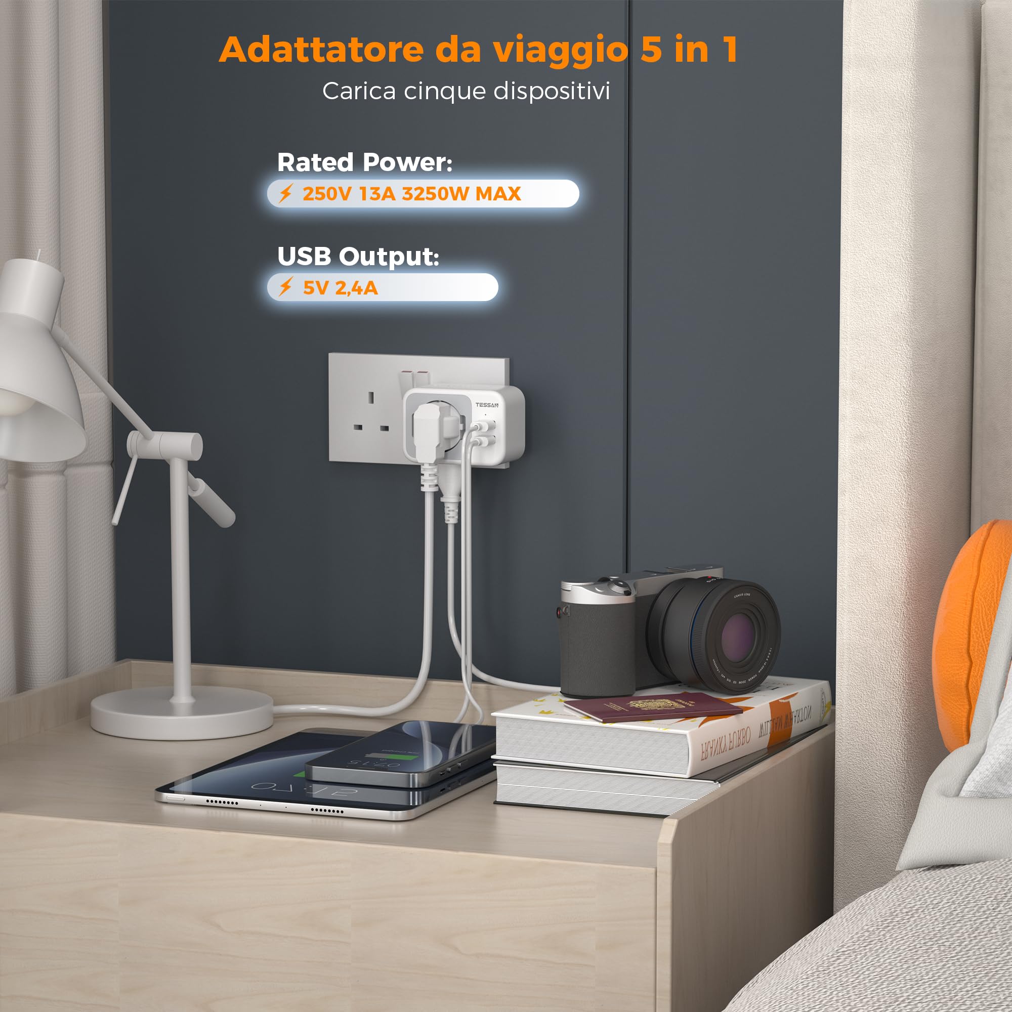 TESSAN Adattatore Presa Inglese con 2 USB, Adattatore Spina Inglese Italiana con 2 Prese IT e 1 Presa Schuko per Gran Bretagna, Irlanda, Gambia, 3250W Italiana, Spina Tipo G