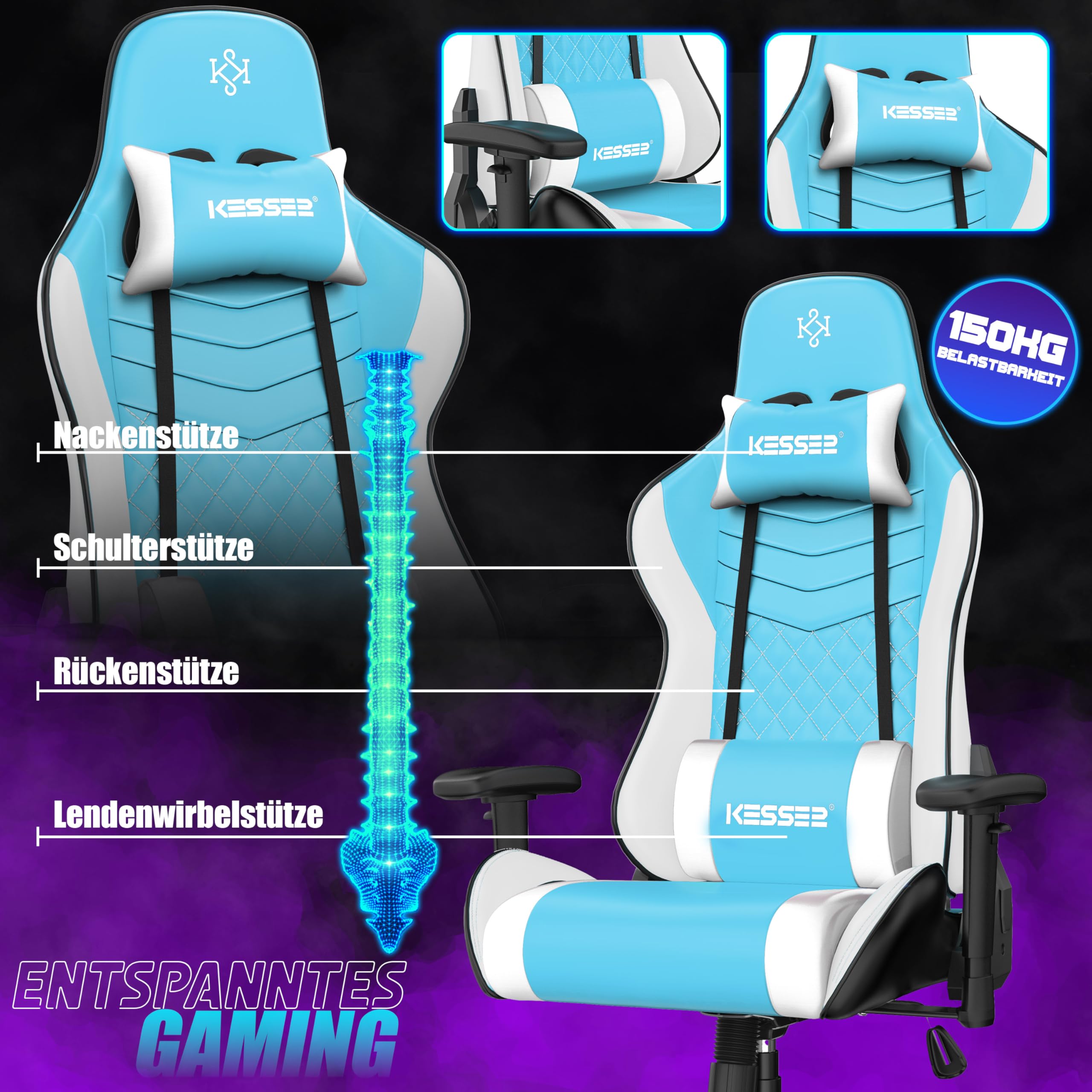 KESSER Sedia da gaming, ergonomica, da ufficio, con poggiatesta e cuscino lombare, portata 150 kg, bracciolo girevole a 360°, sedia da gioco e ruote in gomma
