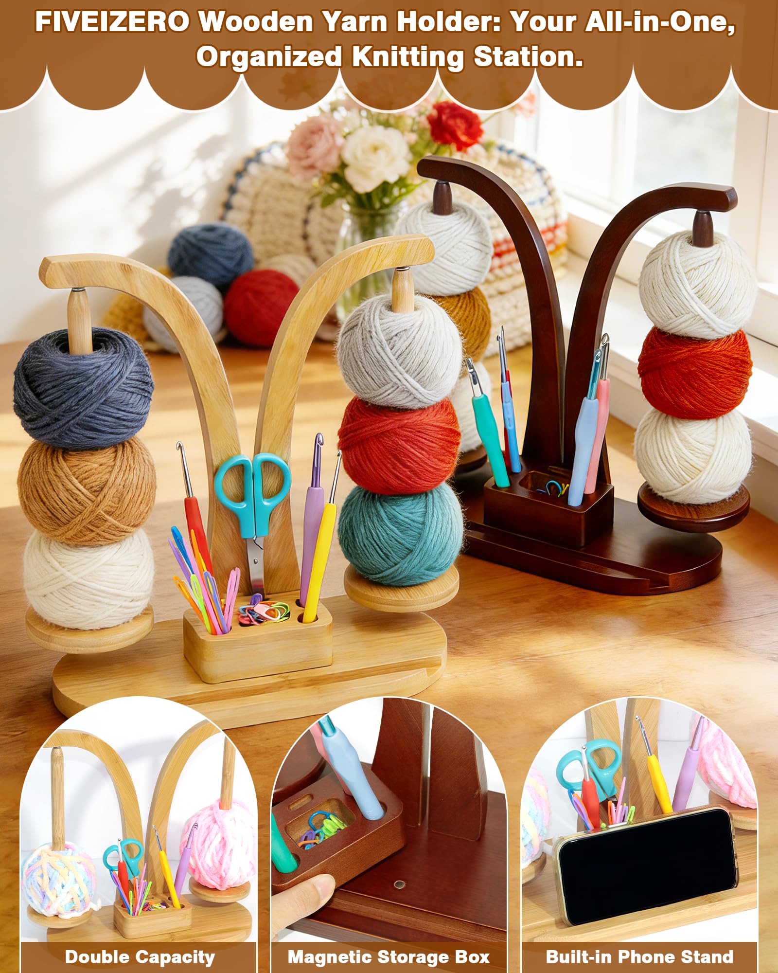FIVEIZERO Double Magnetic Yarn Holder for Crocheting and Knitting, 360° Rotating Wooden Yarn Spinner with Phone Stand & Magnetic Storage Box, Ideal Gift for Knitting Lovers (Walnut Brown) - 4