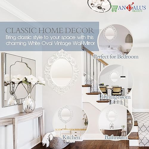 Miniatura 3 de ANDALUS Espejo vintage ovalado blanco pequeño con práctico gancho de diente de sierra en la parte posterior, paquete de 2, espejo de pared ligero