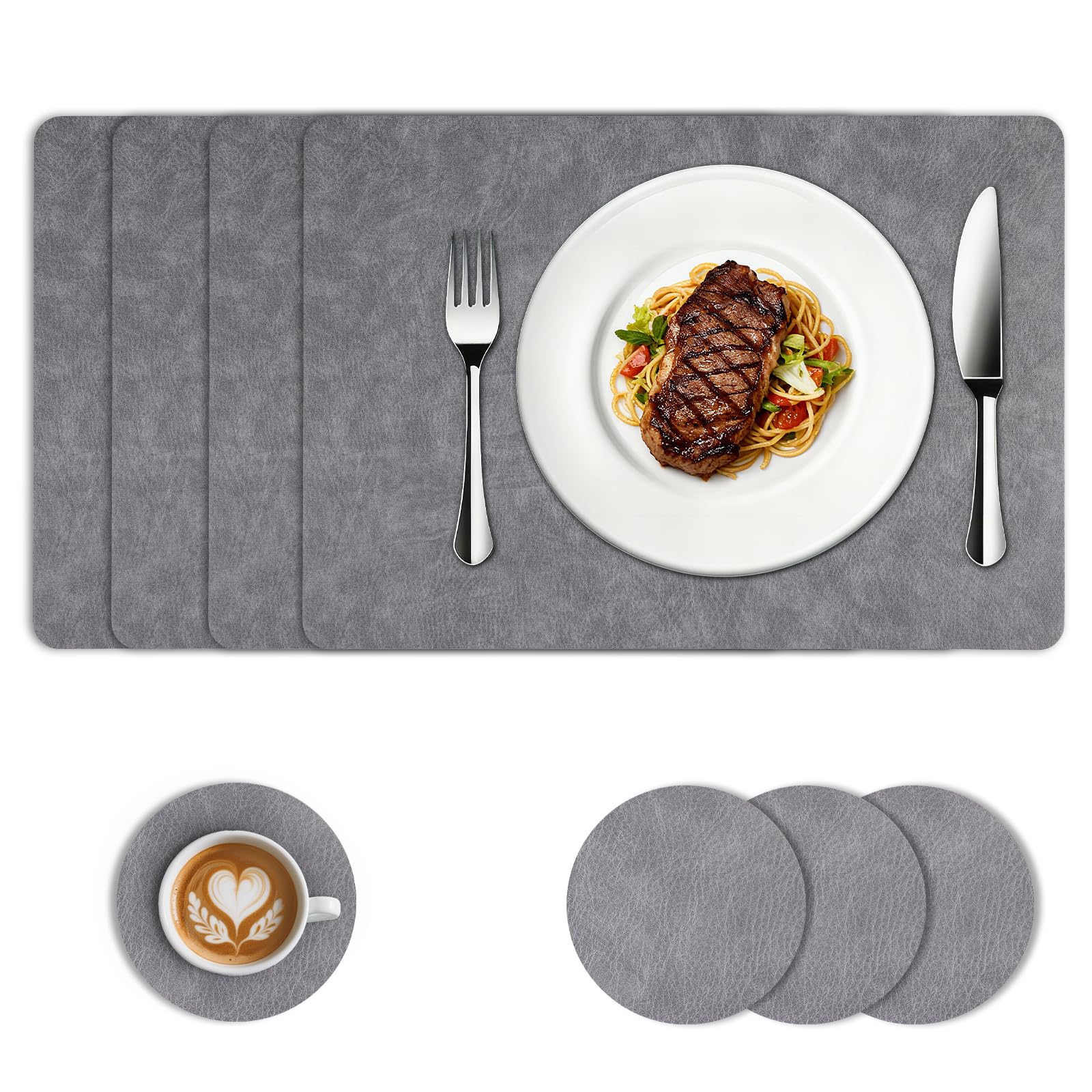 Kryndle Placemats and Coaster Sets 4, 43 * 30 Waterproof Table Mats, Grey