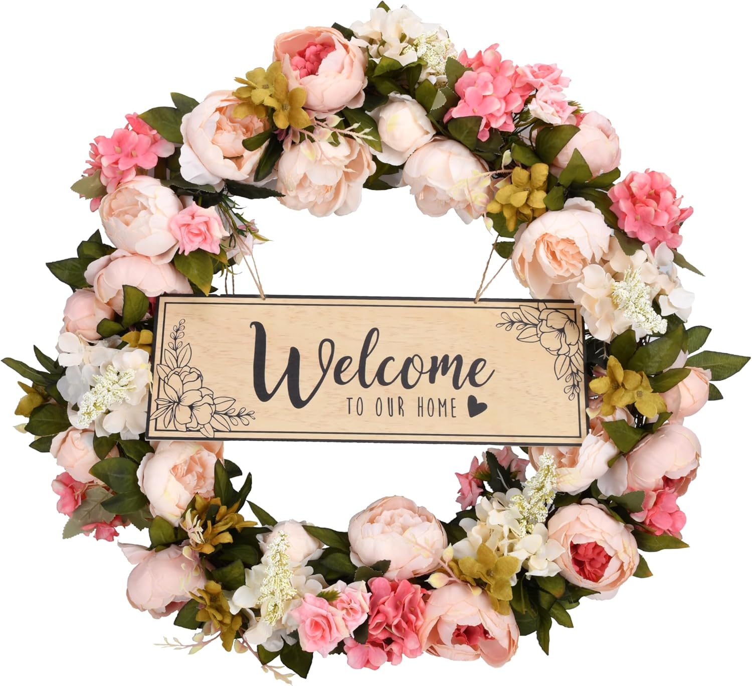 KAYPE Spring Wreaths for Front Door 24 inch All Season Door Wreath - Peony Wreath for Front Door with Welcome Sign Board Hanging Ring, Home Decor Artificial All Seasons Flower Wreath for Garden Patio